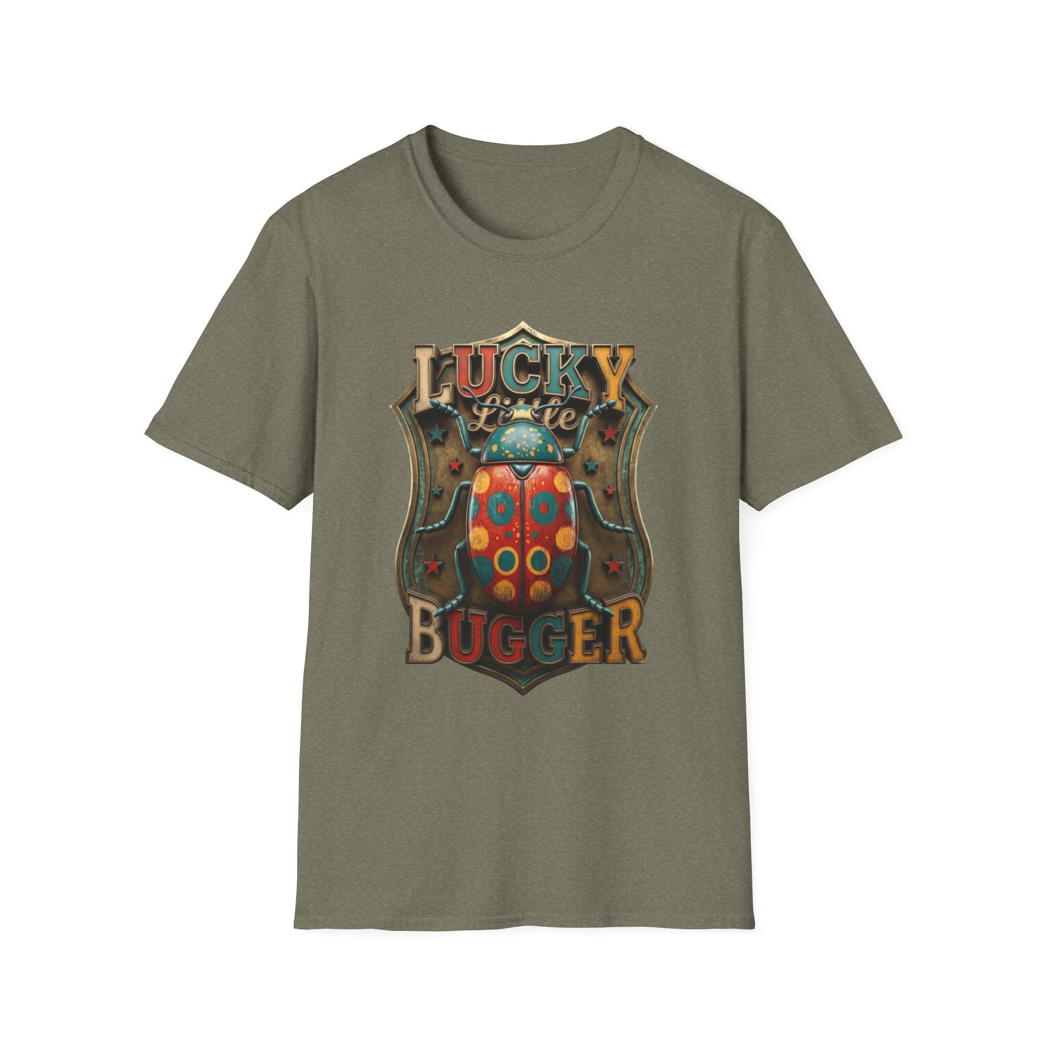 Lucky Little Bugger Vintage Beetle print on the front of a Heather Military Green t-shirt, laid flat on white