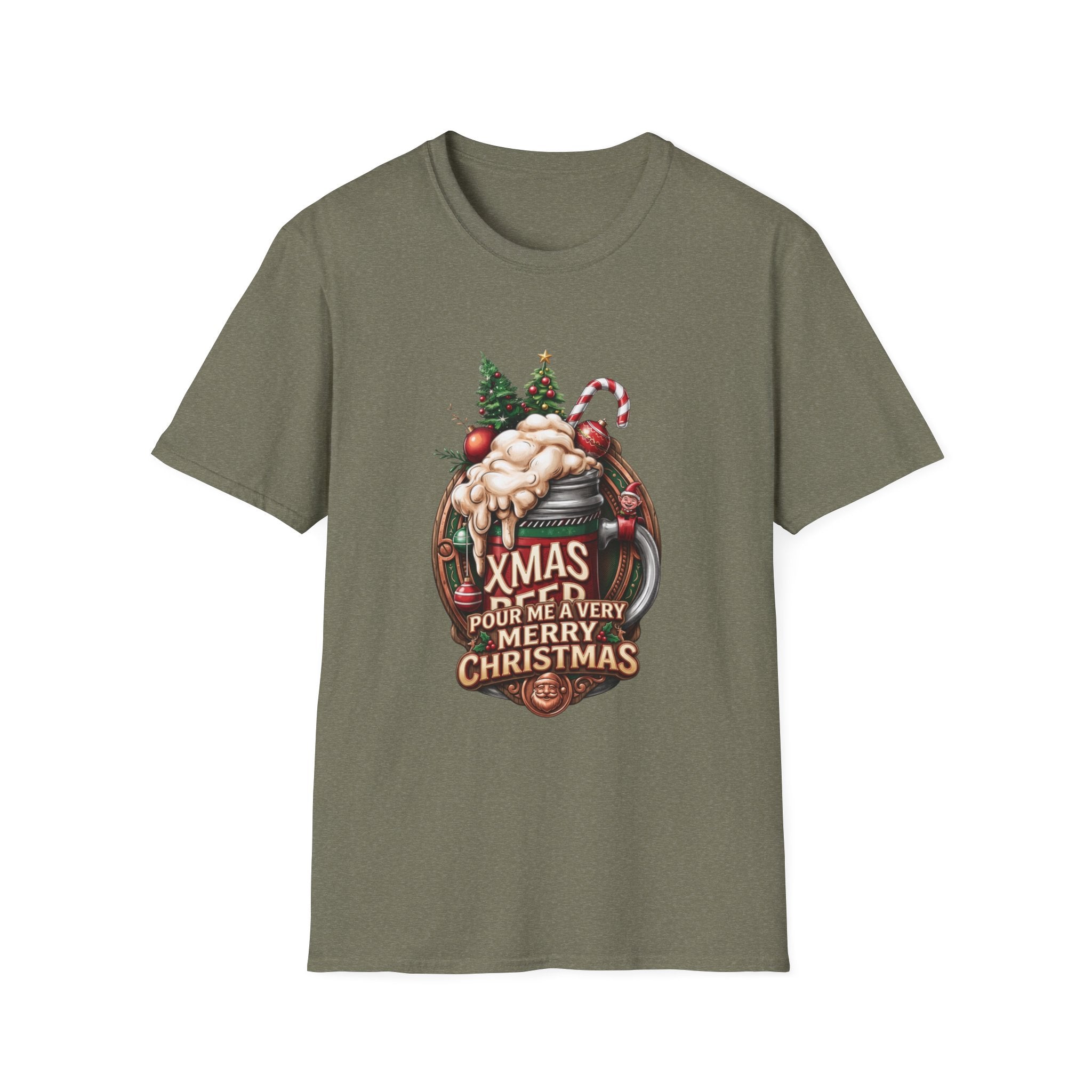 XMAS Beer Pour Me a Very Merry Christmas print on the front of a Heather Military Green t-shirt, laid flat on white