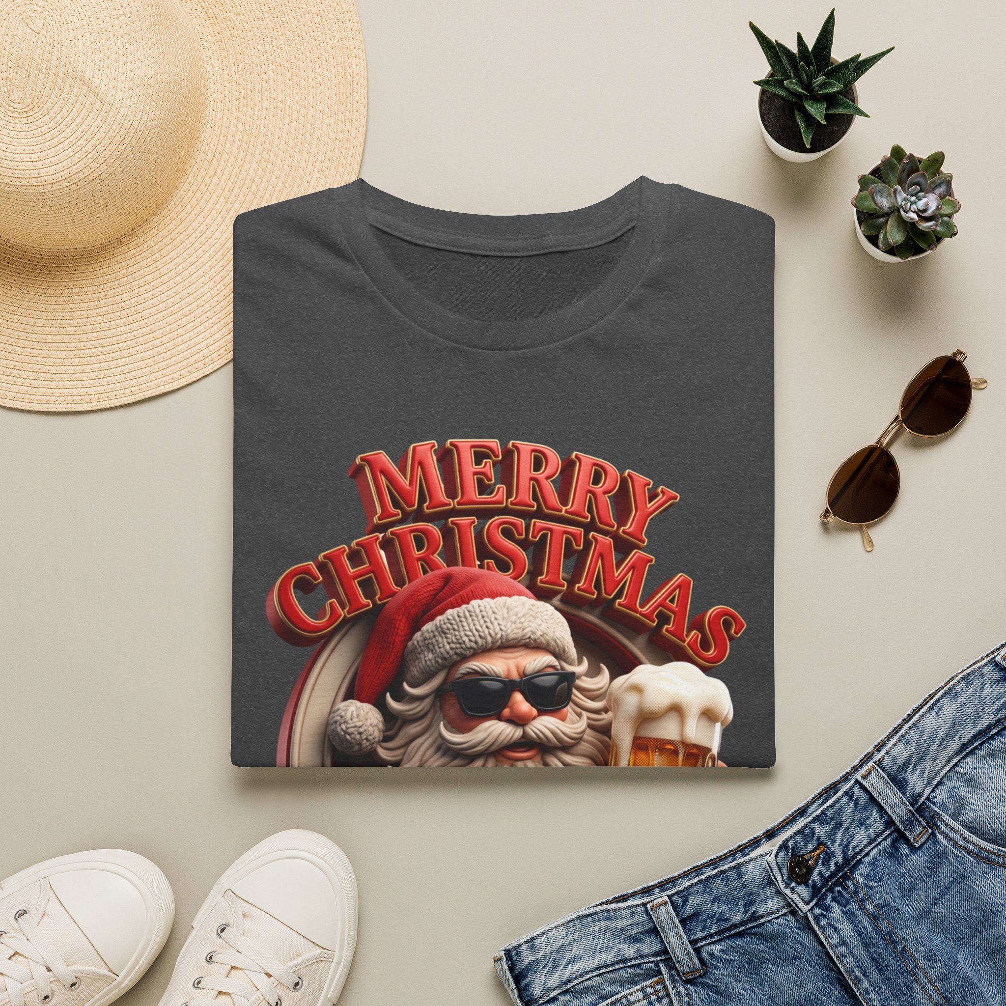 Merry Christmas I'm Drunk Santa print on a Dark Heather t-shirt, folded beside a straw hat and jeans