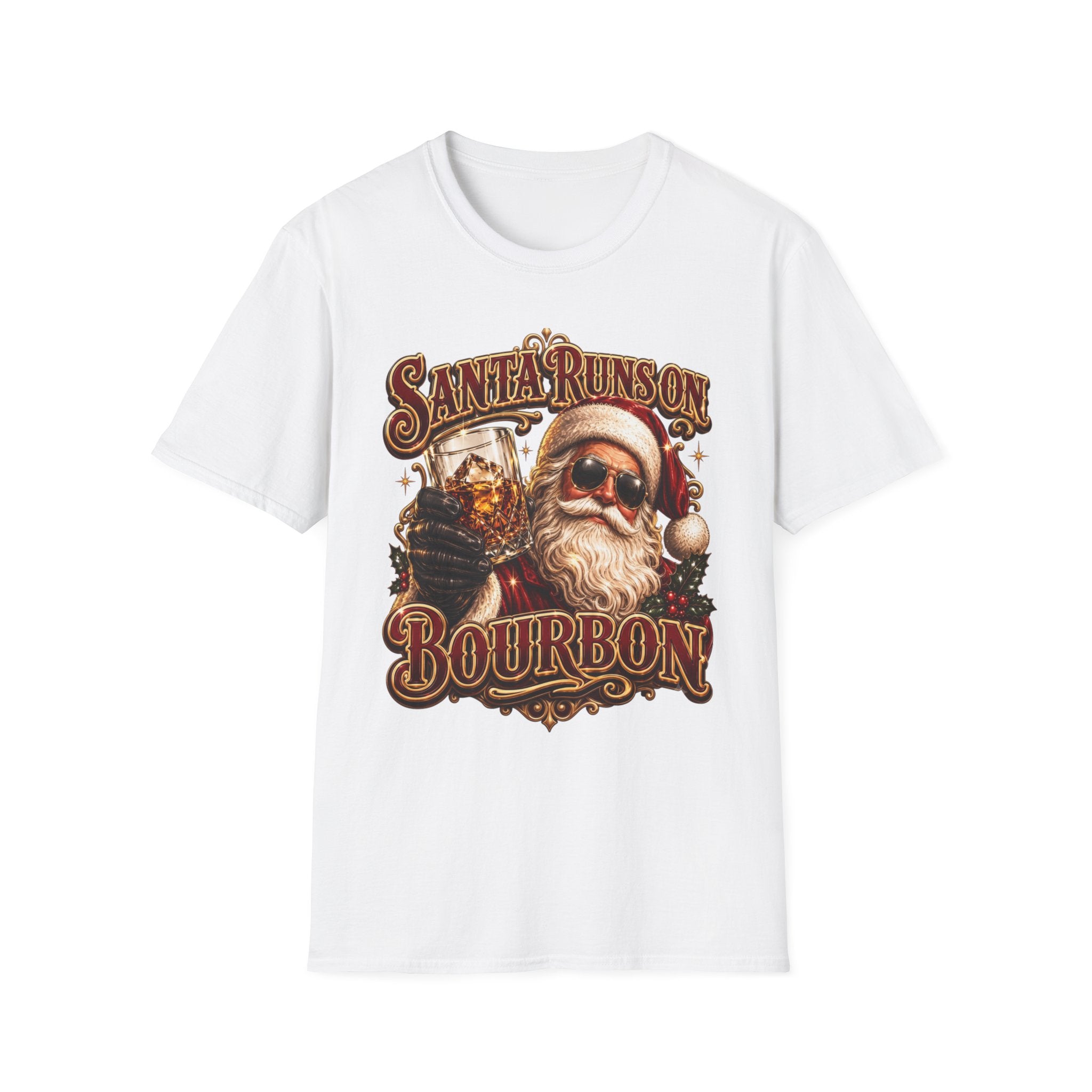 Santa Runs on Bourbon Vintage Whiskey print on the front of a White t-shirt, laid flat on white