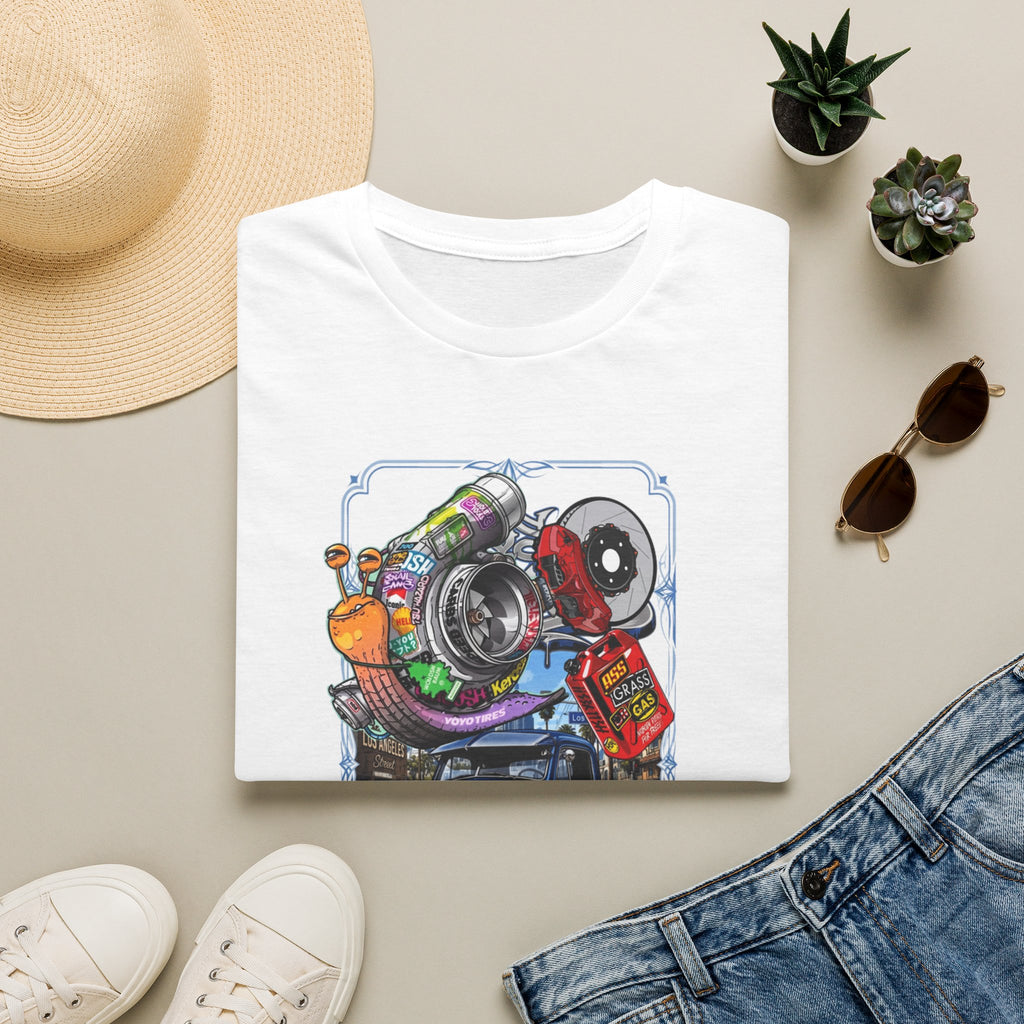 Turbocharged Snail Gearhead Car Parts print on a White t-shirt, folded beside a straw hat and jeans