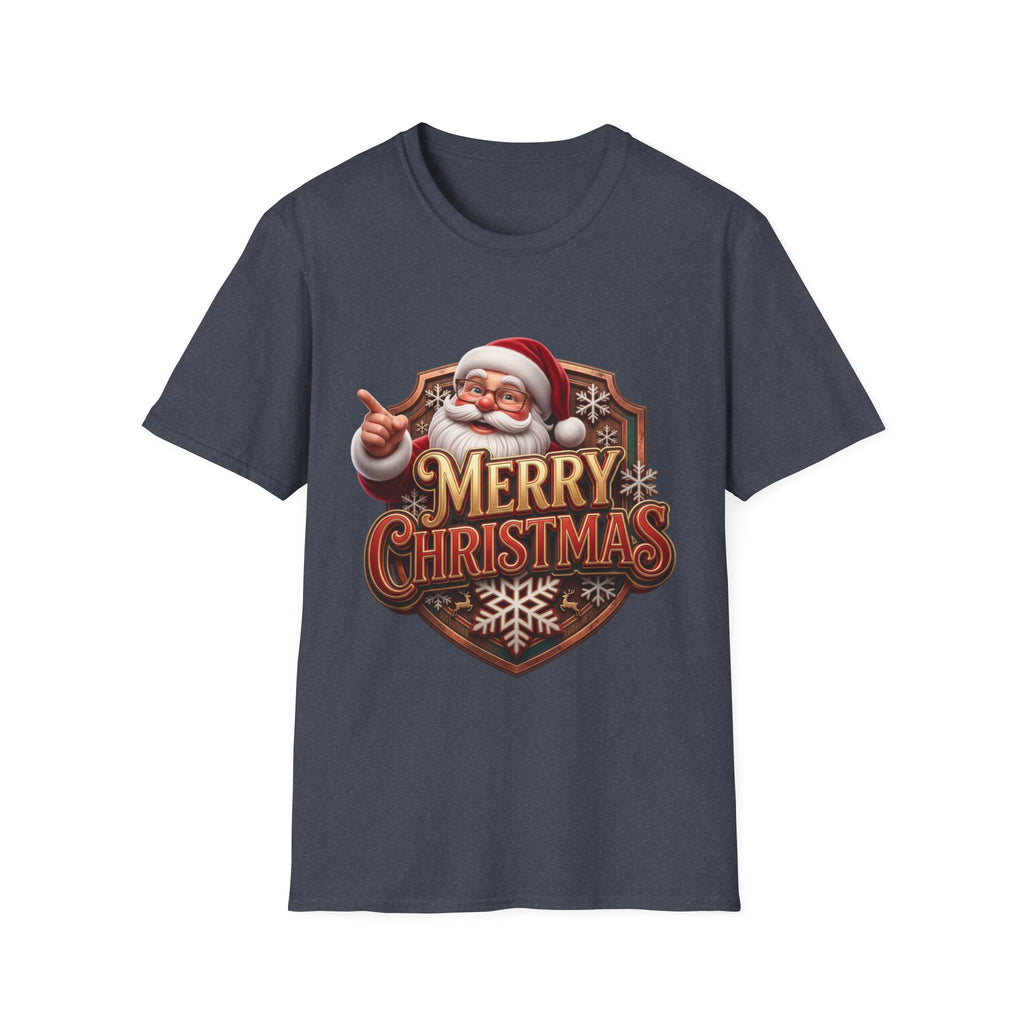 Vintage Santa Merry Christmas Badge print on the front of a Heather Navy t-shirt, laid flat on white