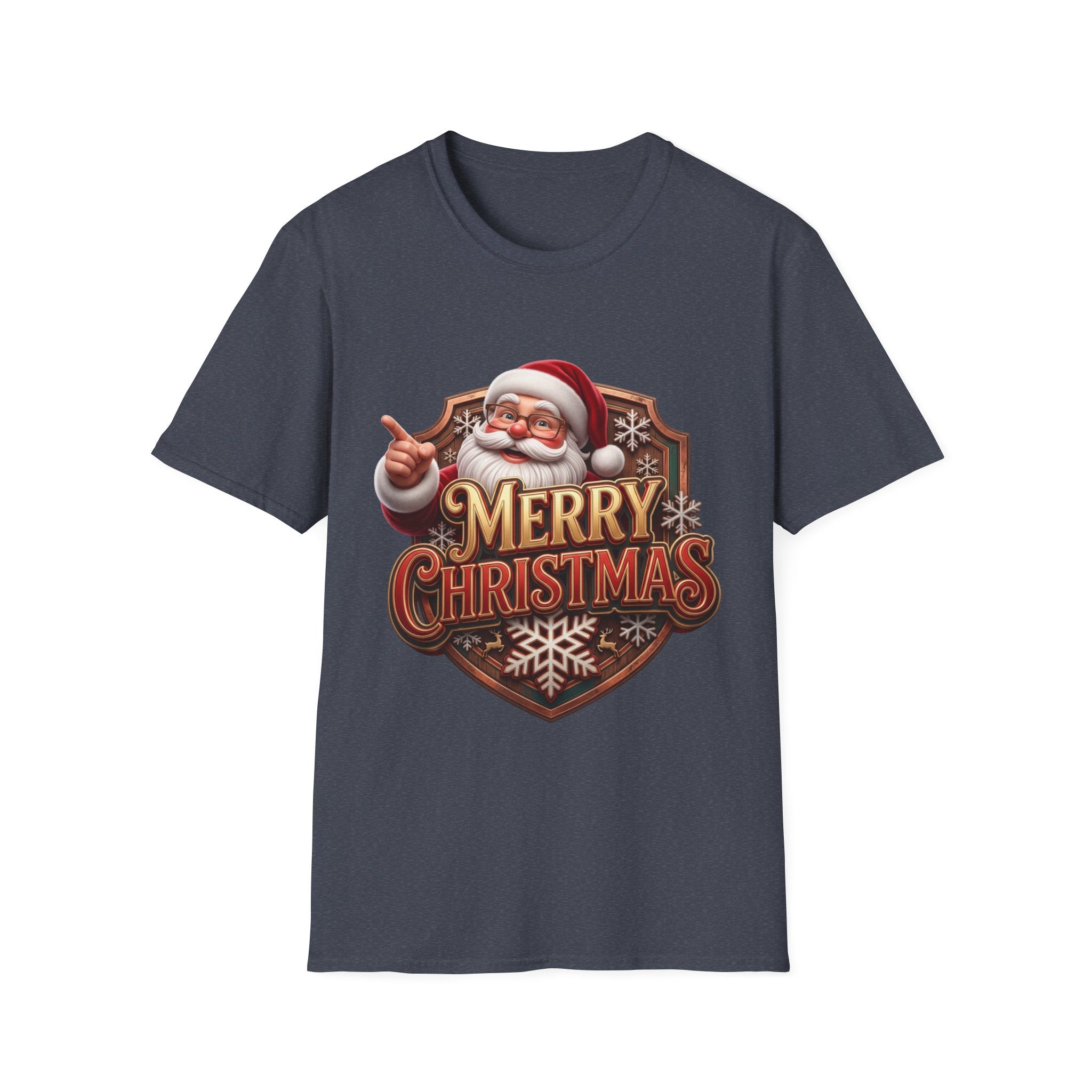 Vintage Santa Merry Christmas Badge print on the front of a Heather Navy t-shirt, laid flat on white
