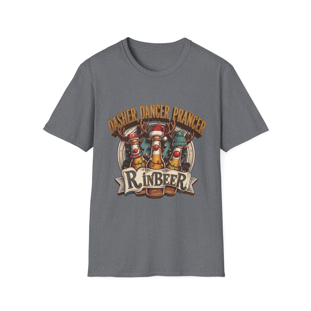 Dasher Dancer Prancer Reinbeer Christmas Beer print on the front of a Graphite Heather t-shirt, laid flat on white