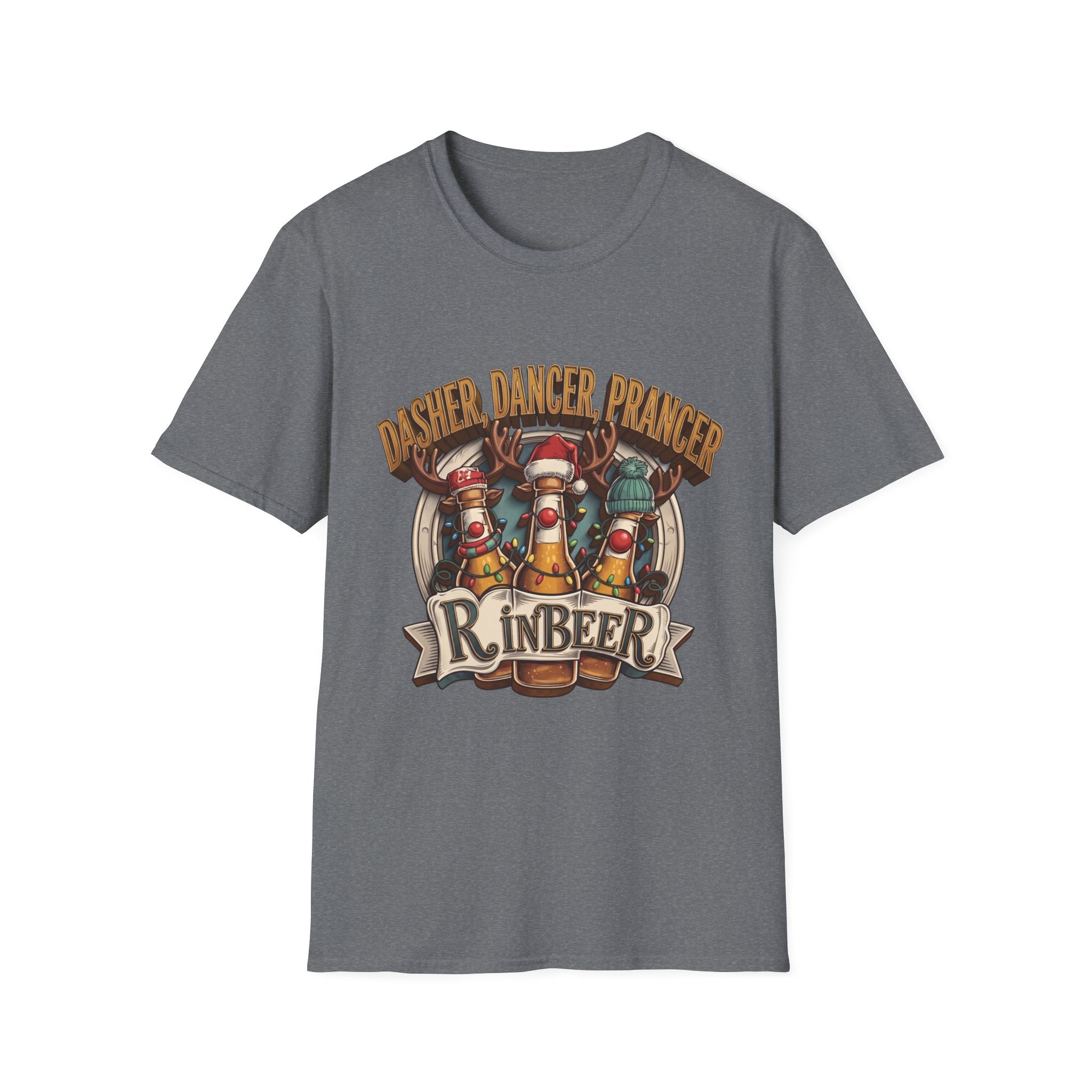 Dasher Dancer Prancer Reinbeer Christmas Beer print on the front of a Graphite Heather t-shirt, laid flat on white