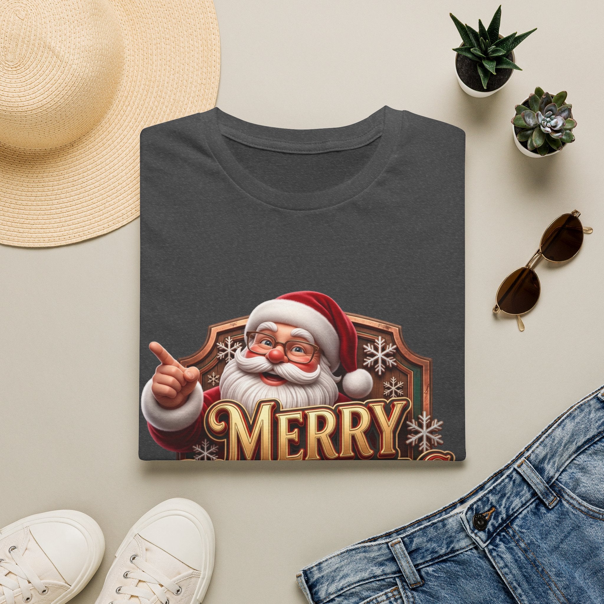 Vintage Santa Merry Christmas Badge print on a Dark Heather t-shirt, folded beside a straw hat and jeans