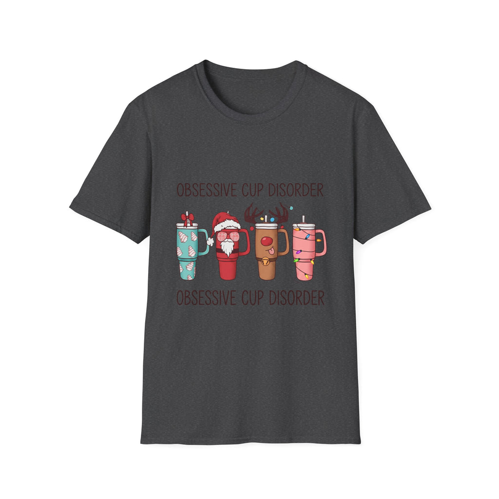 Obsessive Cup Disorder Funny Christmas Tumbler print on the front of a Dark Heather t-shirt, laid flat on white