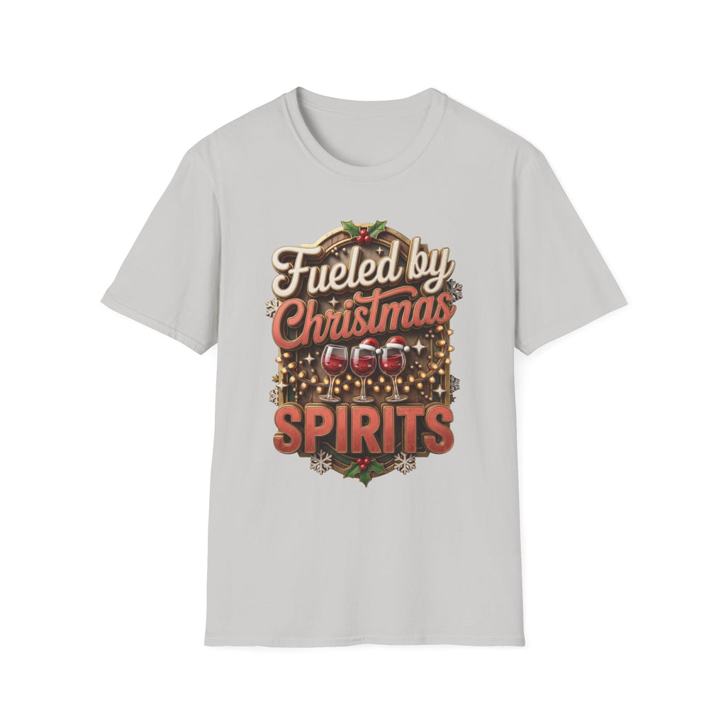 Fueled by Christmas Spirits Wine print on the front of an Ice Grey t-shirt, laid flat on white
