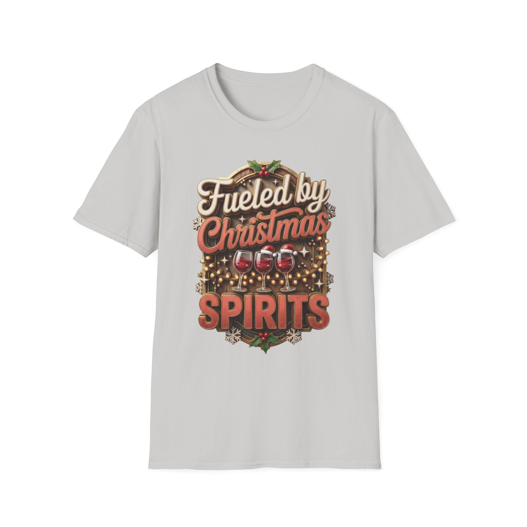 Fueled by Christmas Spirits Wine print on the front of an Ice Grey t-shirt, laid flat on white