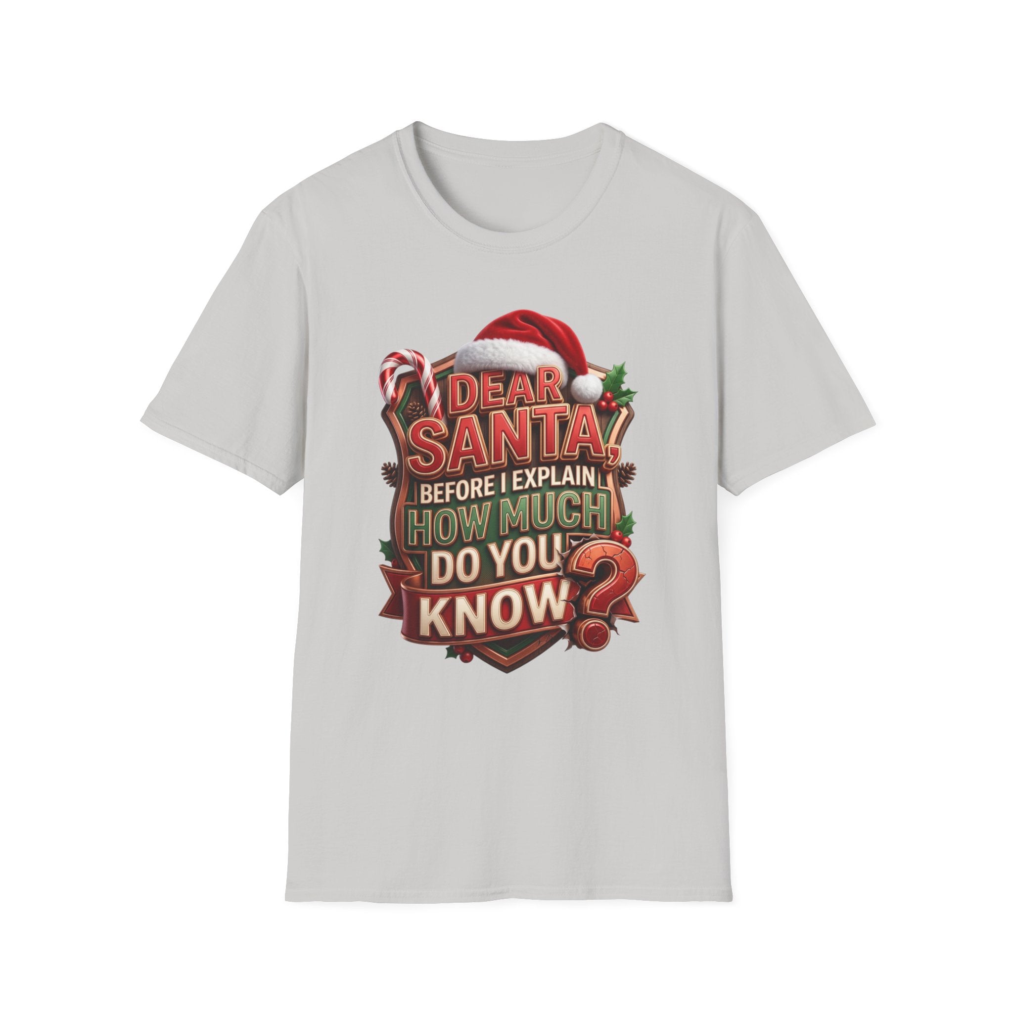 Dear Santa Before I Explain print on the front of an Ice Grey t-shirt, laid flat on white