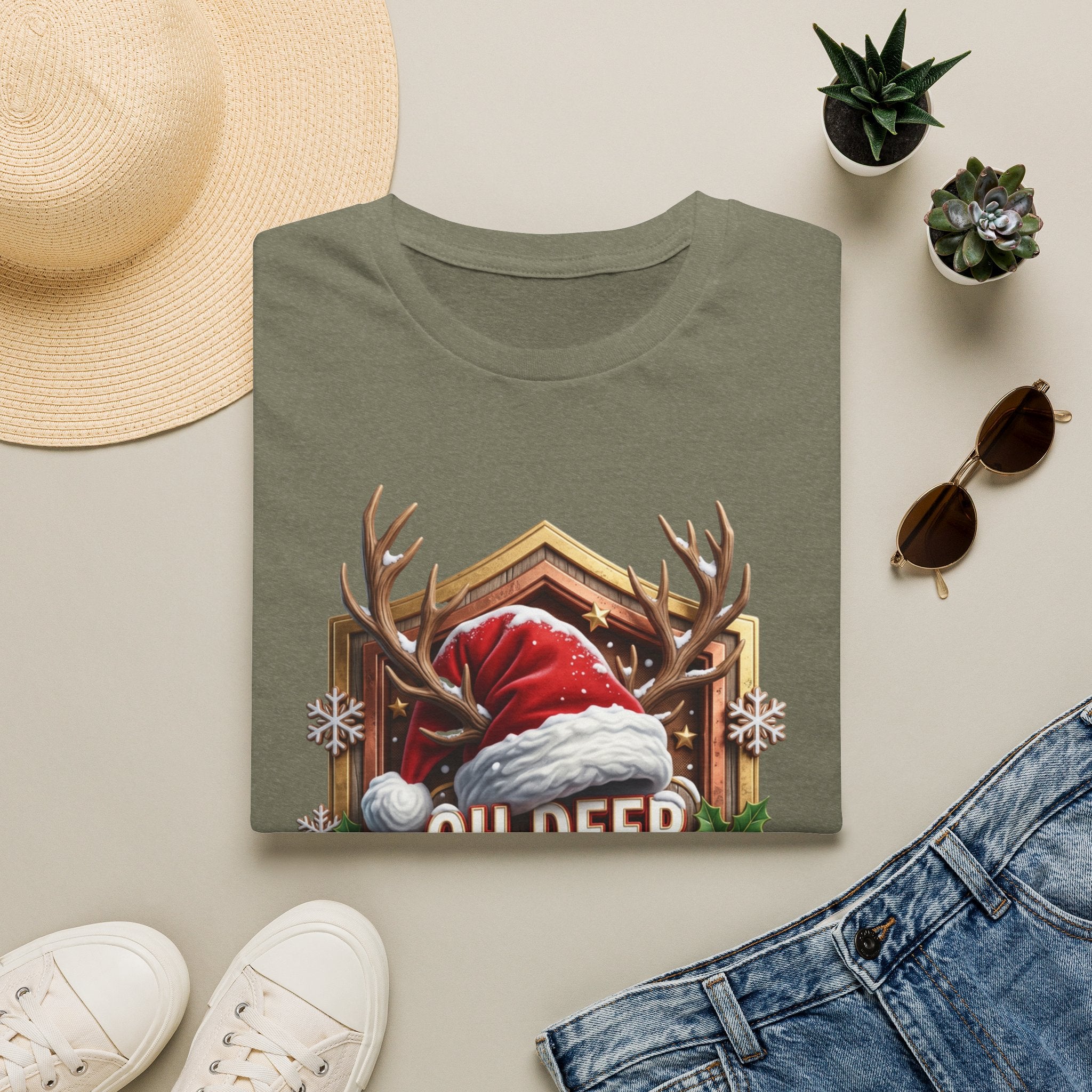 Oh Deer It's Christmas Looks a Lot Like Cocktails print on a Heather Military Green t-shirt, folded beside a straw hat and…