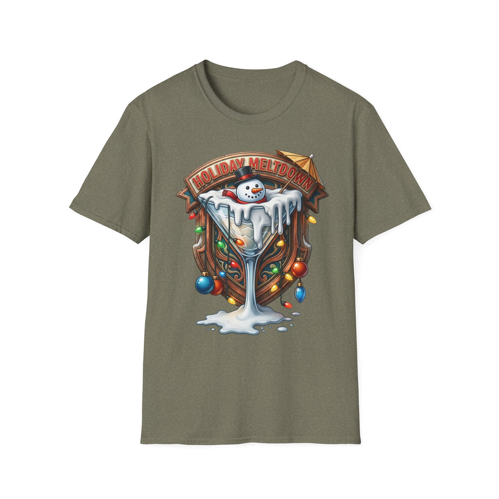 Holiday Meltdown Snowman Martini print on the front of a Heather Military Green t-shirt, laid flat on white