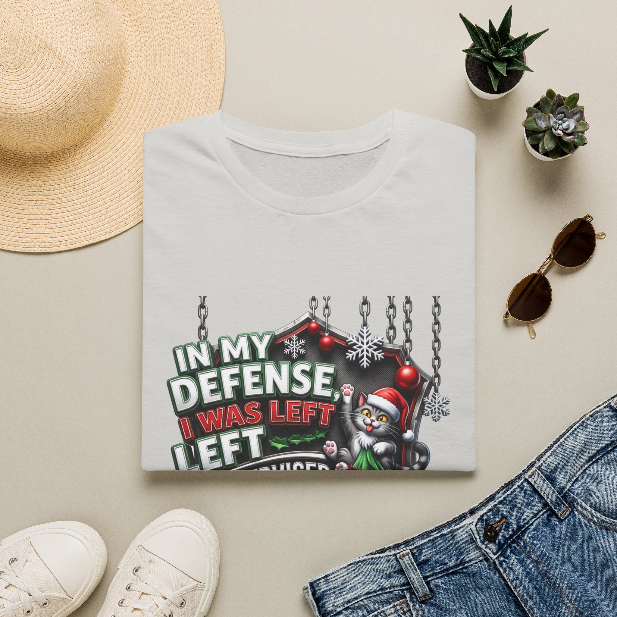 Cat In My Defense Left Unsupervised print on an Ice Grey t-shirt, folded beside a straw hat and jeans