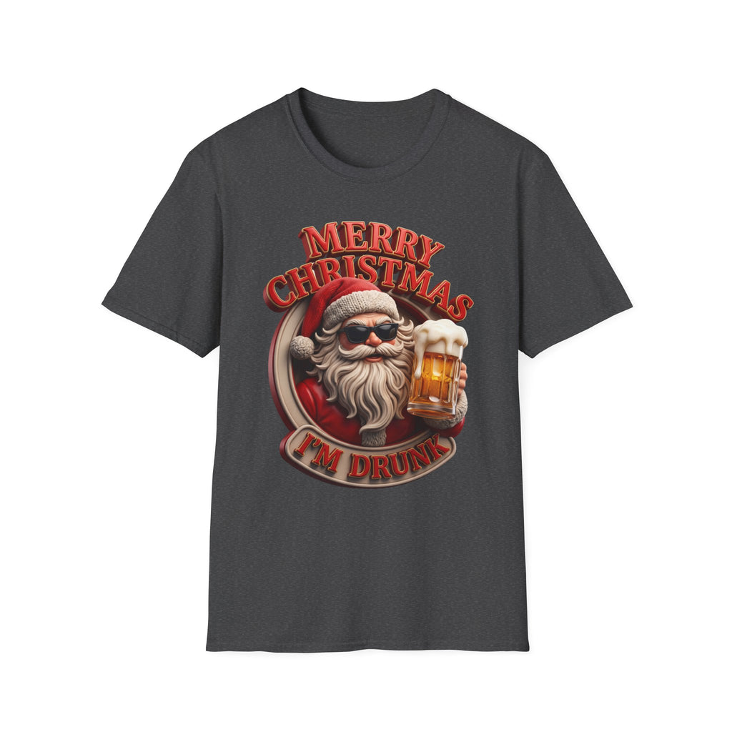 Merry Christmas I'm Drunk Santa print on the front of a Dark Heather t-shirt, laid flat on white