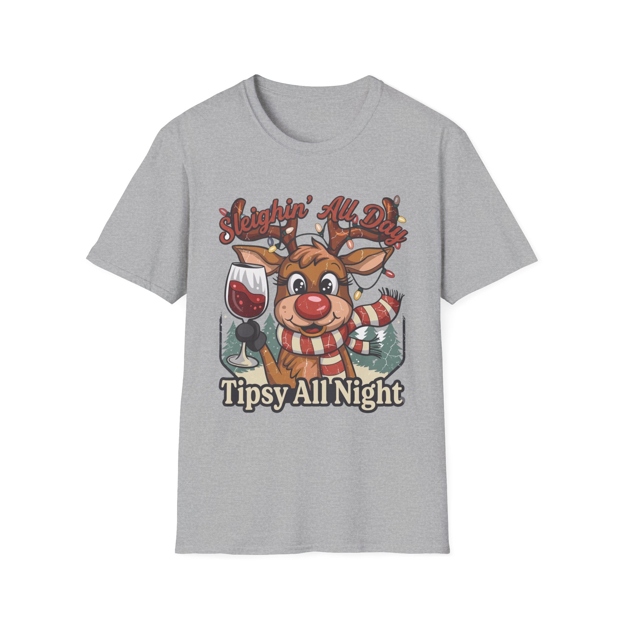 Reindeer Sleighin' All Day Tipsy All Night print on the front of a Sport Grey t-shirt, laid flat on white