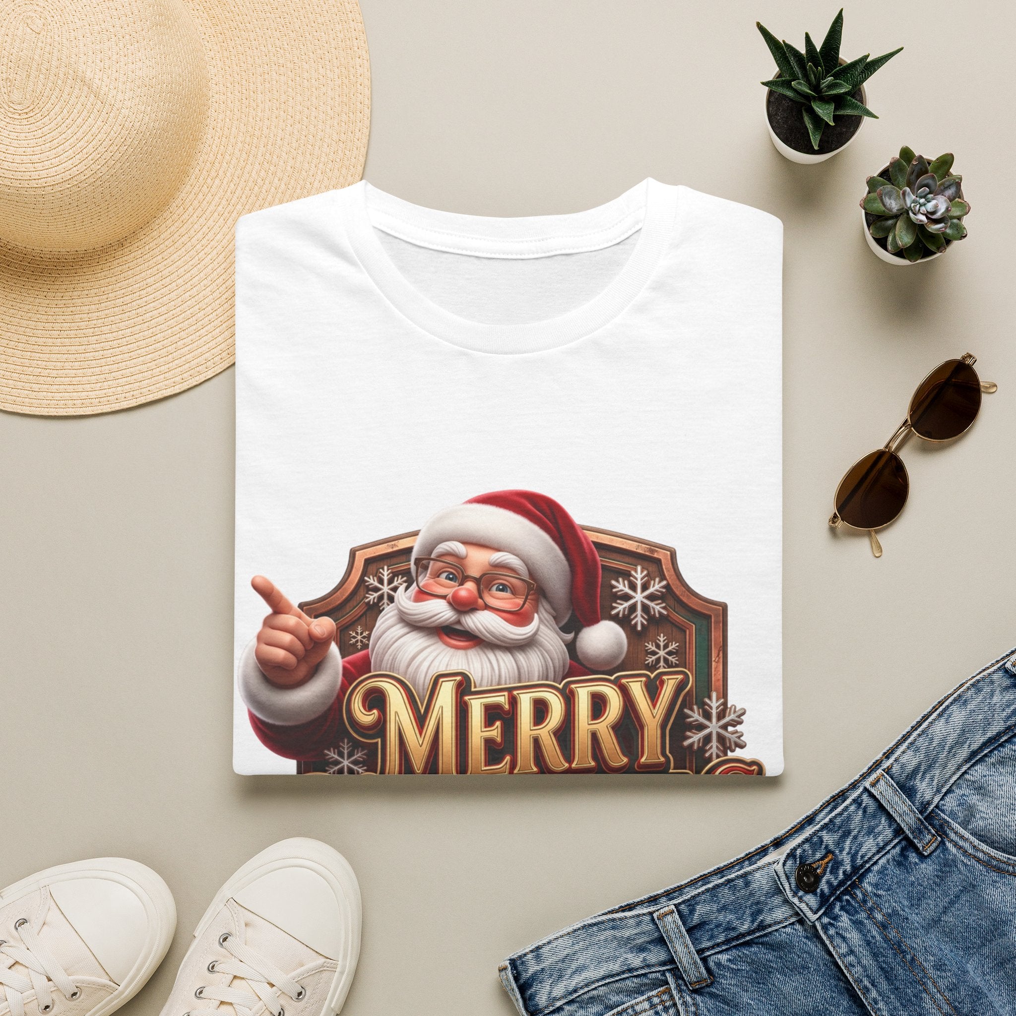 Vintage Santa Merry Christmas Badge print on a White t-shirt, folded beside a straw hat and jeans