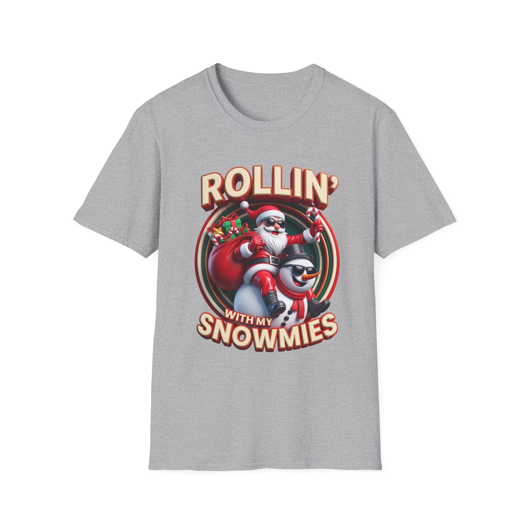 Rollin' with My Snowmies Santa & Snowman print on the front of a Sport Grey t-shirt, laid flat on white