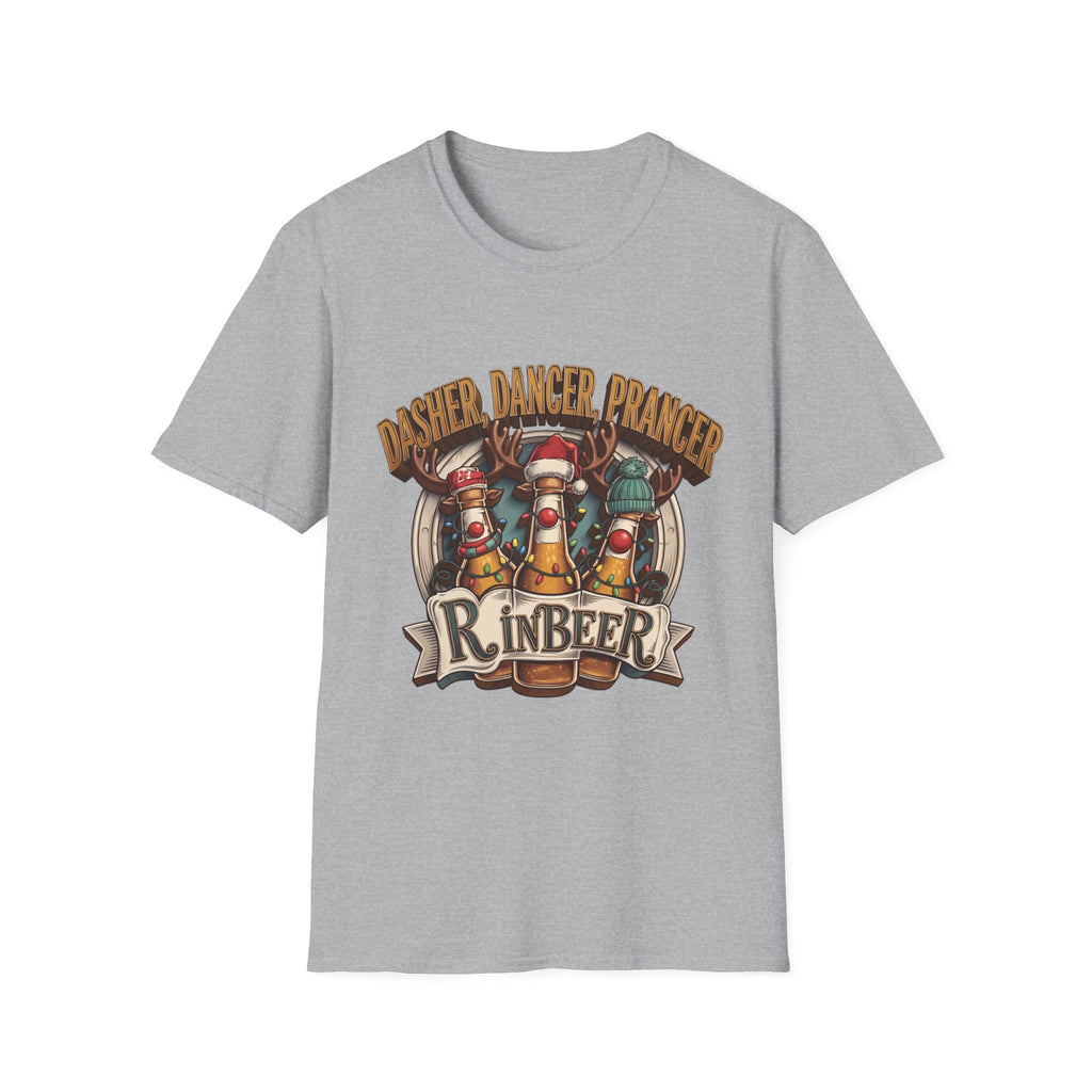 Dasher Dancer Prancer Reinbeer Christmas Beer print on the front of a Sport Grey t-shirt, laid flat on white