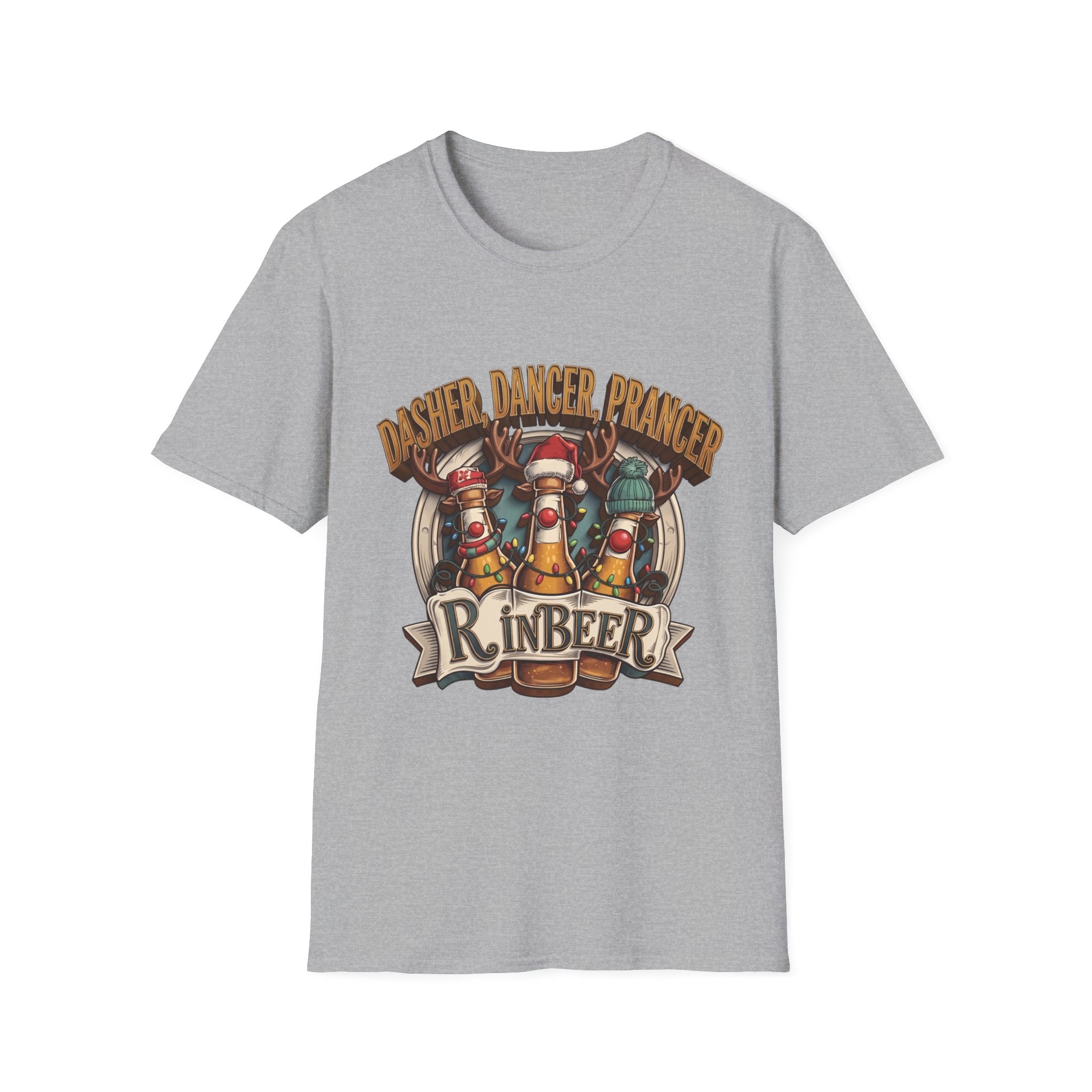 Dasher Dancer Prancer Reinbeer Christmas Beer print on the front of a Sport Grey t-shirt, laid flat on white