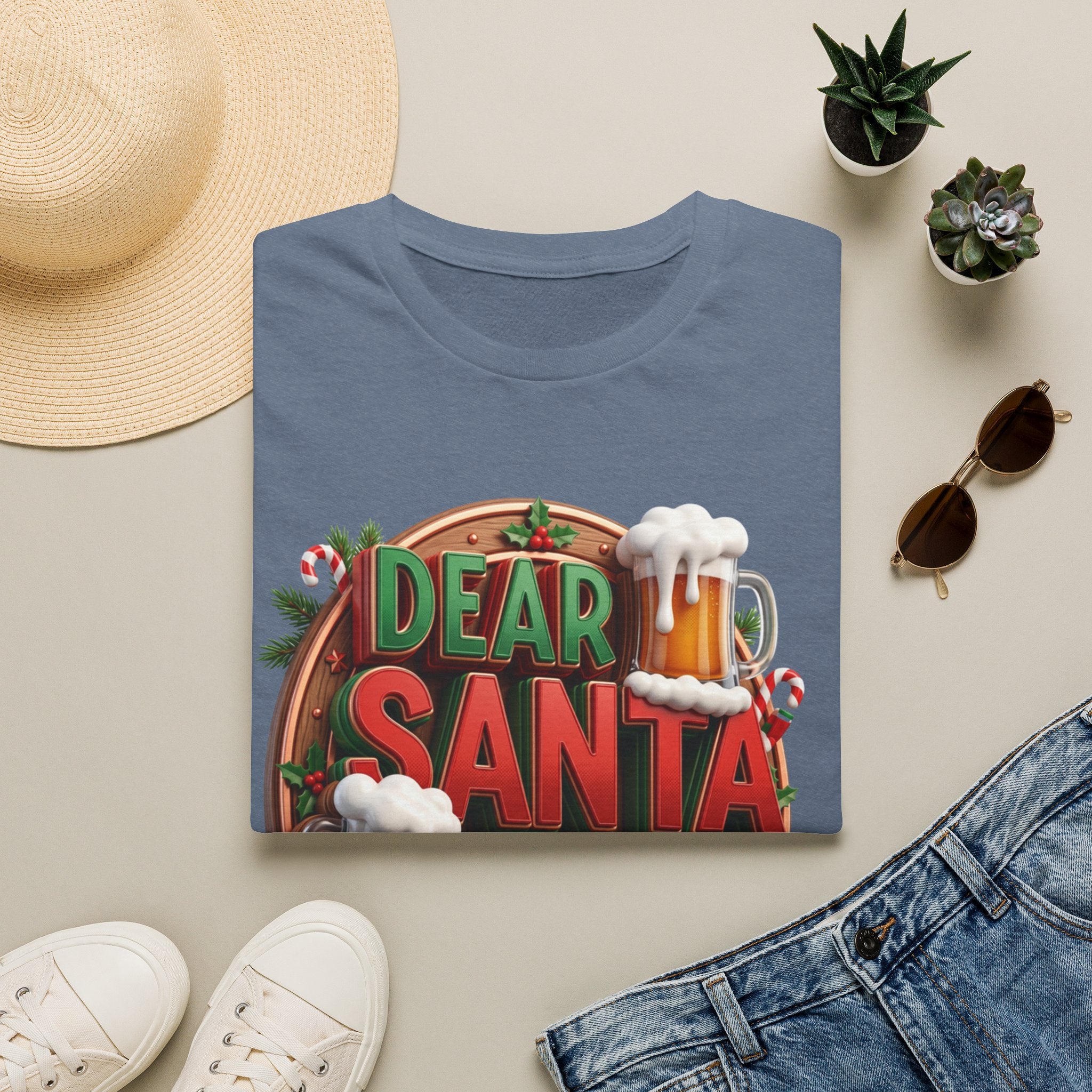 Dear Santa Just Bring Beer Funny print on a Heather Indigo t-shirt, folded beside a straw hat and jeans