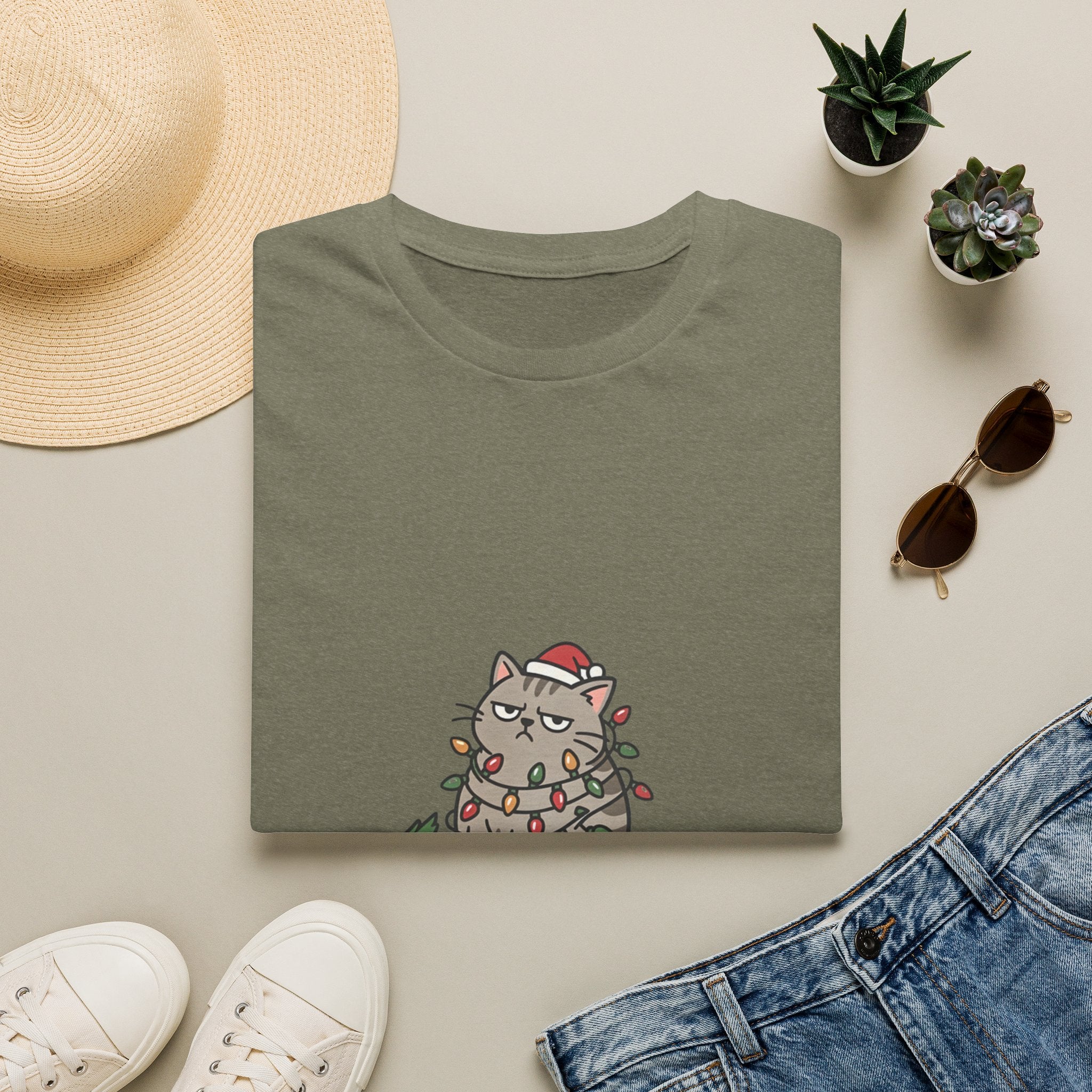 Funny Cat I'm Only Here for the Presents print on a Heather Military Green t-shirt, folded beside a straw hat and jeans