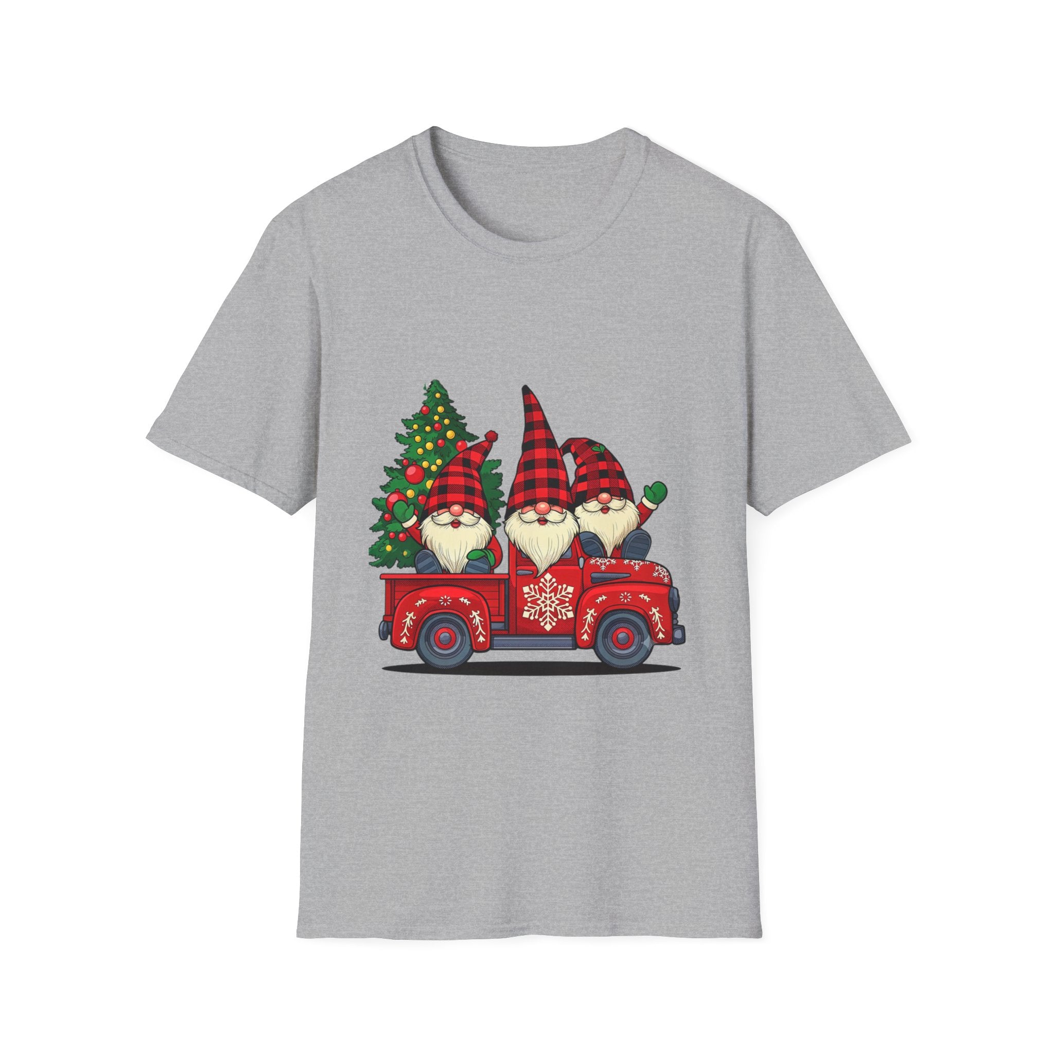 Buffalo Plaid Gnomes Red Truck print on the front of a Sport Grey t-shirt, laid flat on white