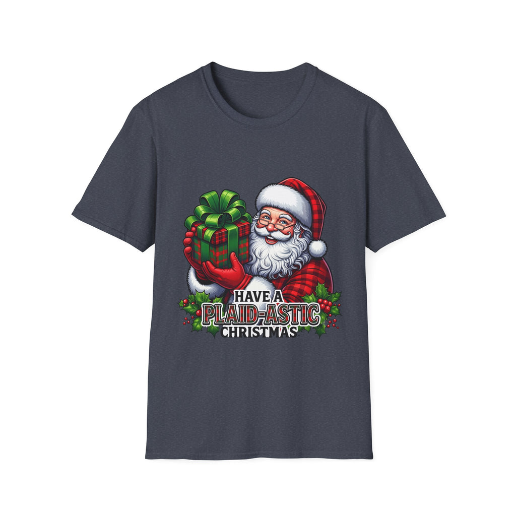 Santa Have a Plaid-astic print on the front of a Heather Navy t-shirt, laid flat on white