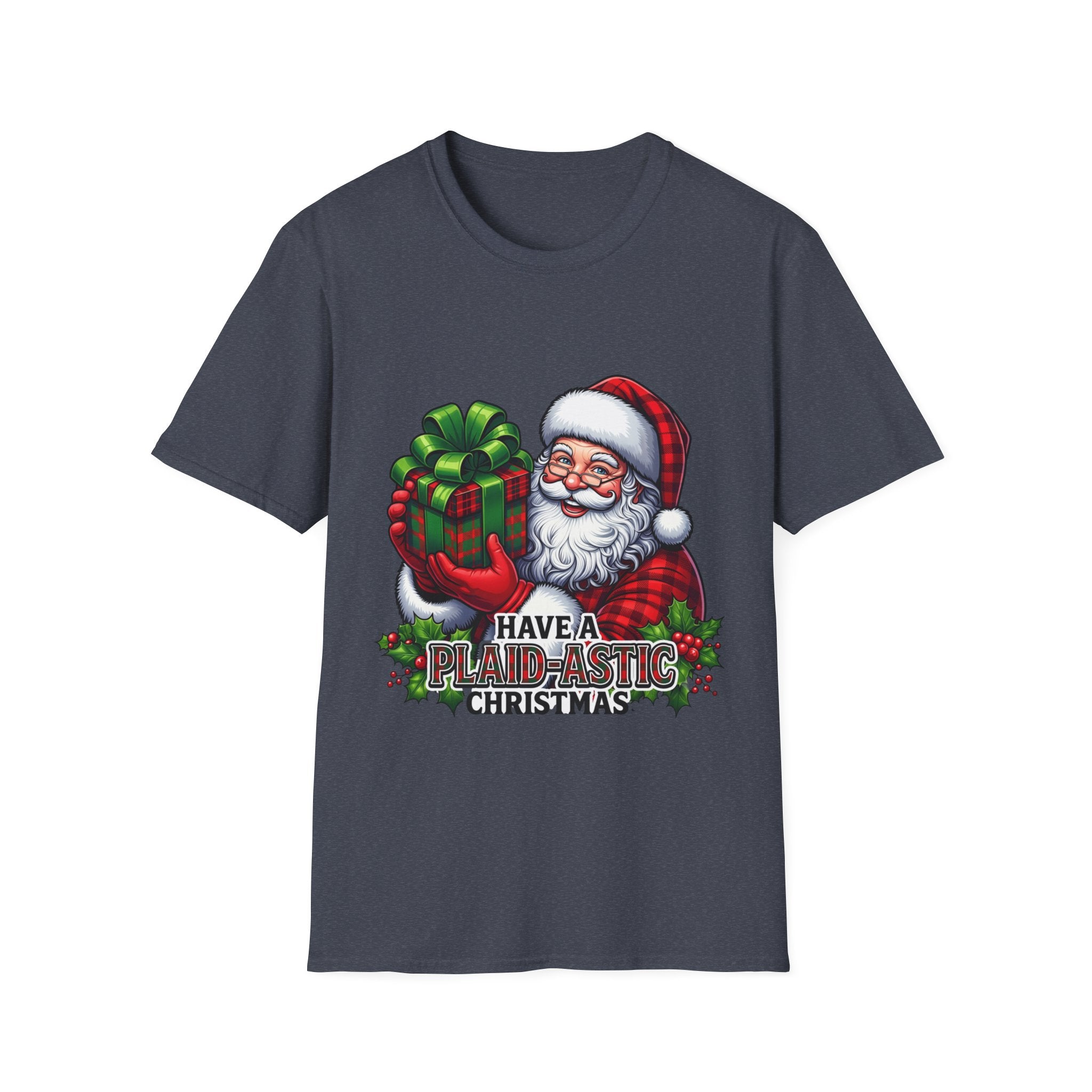Santa Have a Plaid-astic print on the front of a Heather Navy t-shirt, laid flat on white