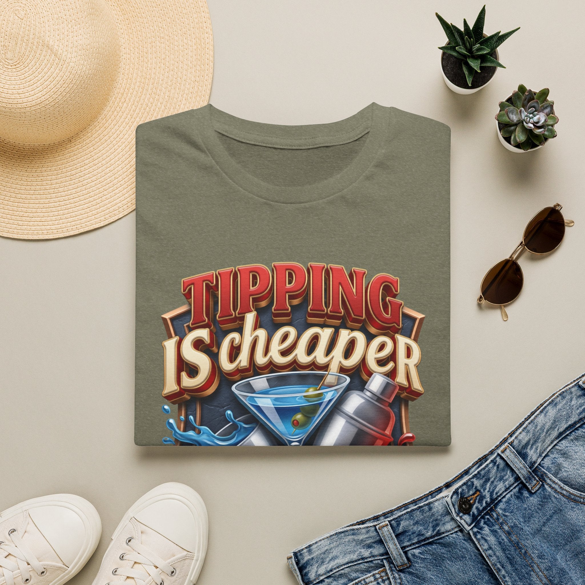 Tipping Is Cheaper Than Therapy Bartender print on a Heather Military Green t-shirt, folded beside a straw hat and jeans