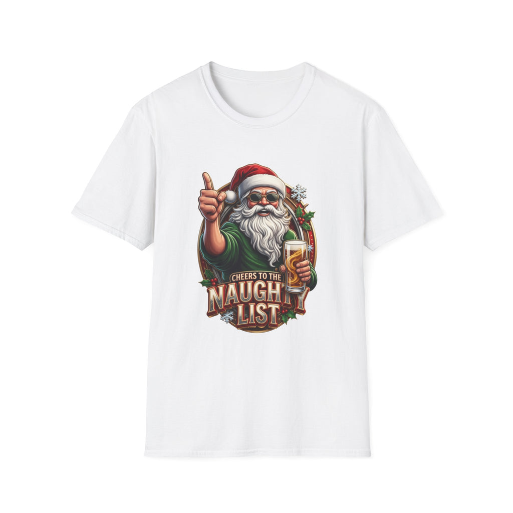 Cheers to the Naughty List Santa Beer print on the front of a White t-shirt, laid flat on white