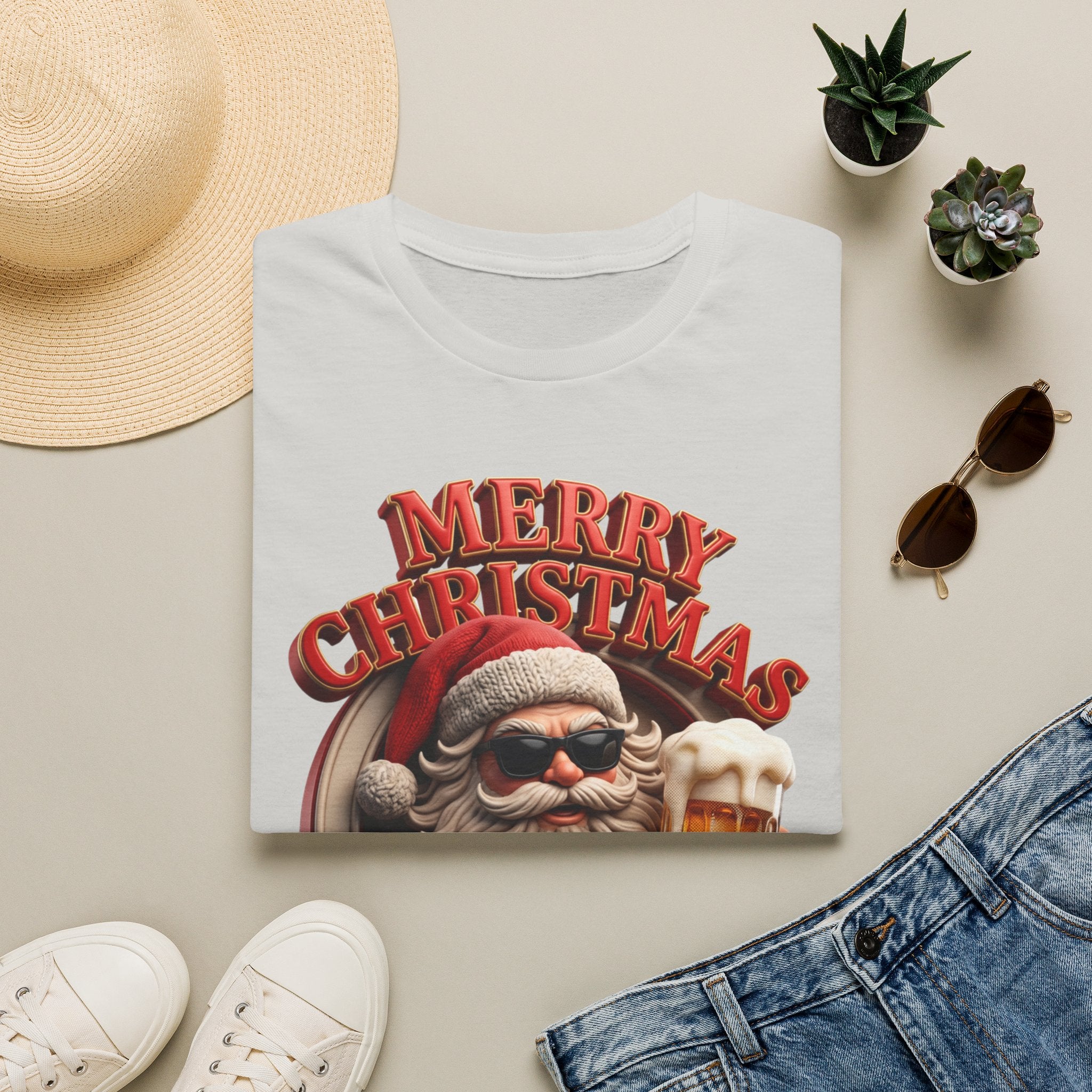Merry Christmas I'm Drunk Santa print on an Ice Grey t-shirt, folded beside a straw hat and jeans