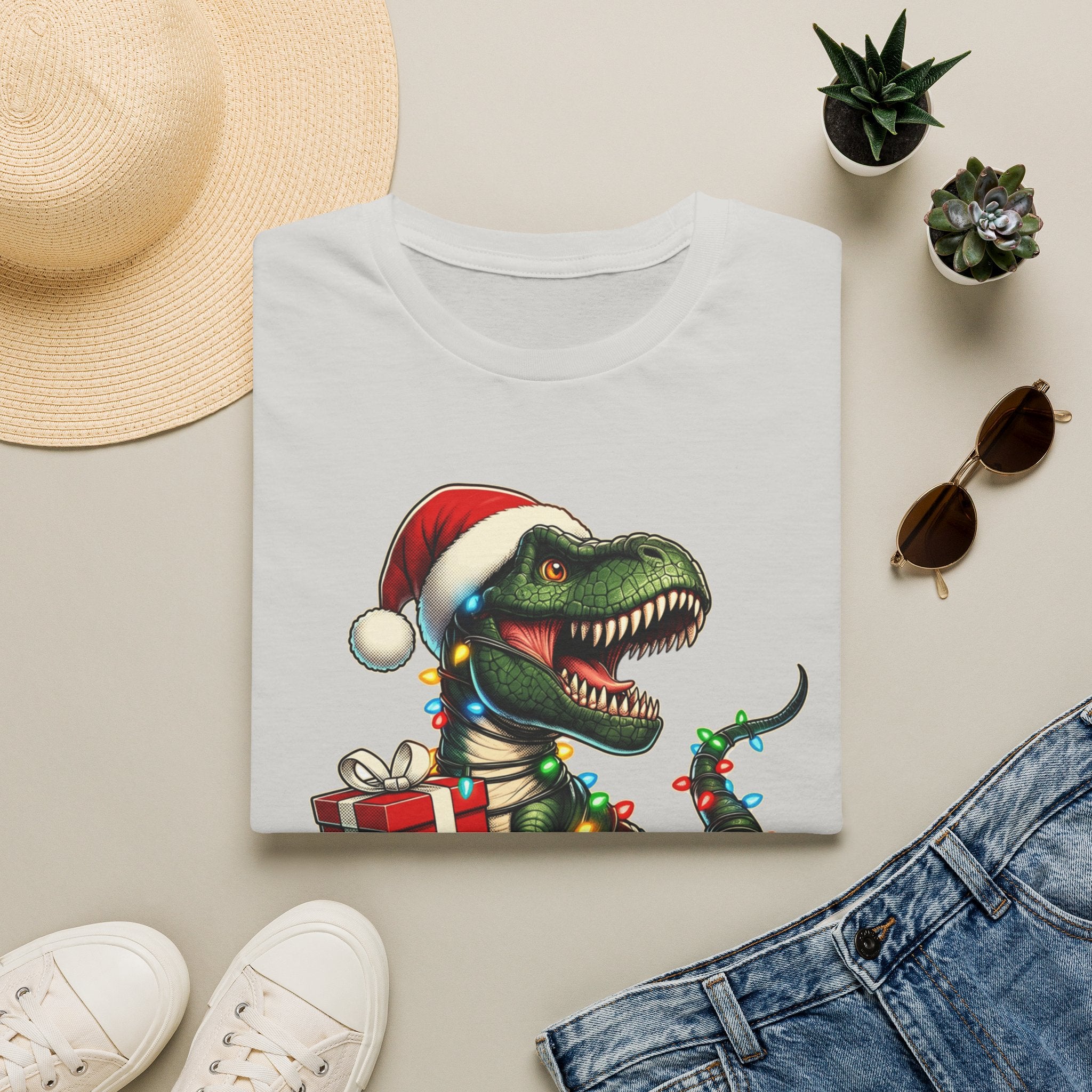 Happy Saurus T-Rex Santa Hat Christmas Lights print on an Ice Grey t-shirt, folded beside a straw hat and jeans