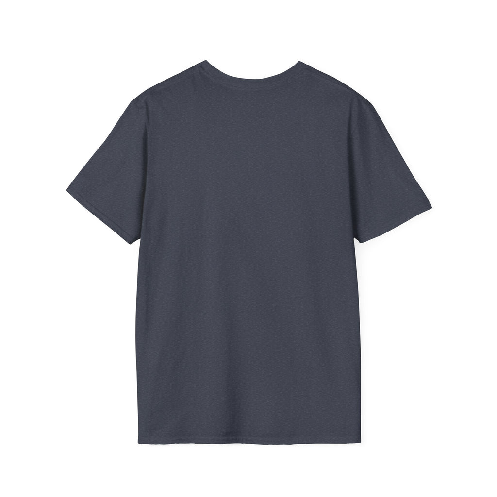 Back of the plain Heather Navy t-shirt, no print, laid flat on white