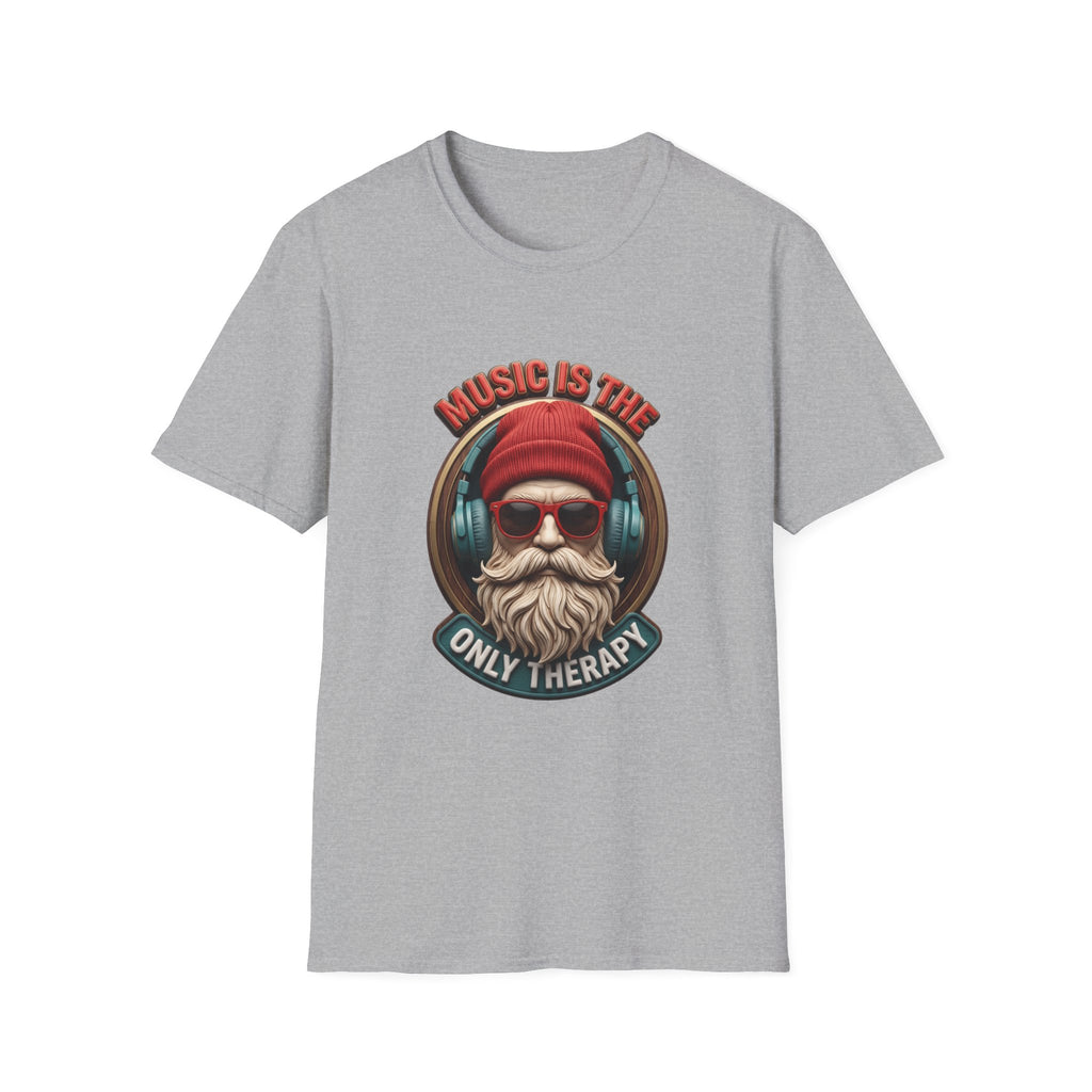 Music Is The Only Therapy Bearded Beanie print on the front of a Sport Grey t-shirt, laid flat on white