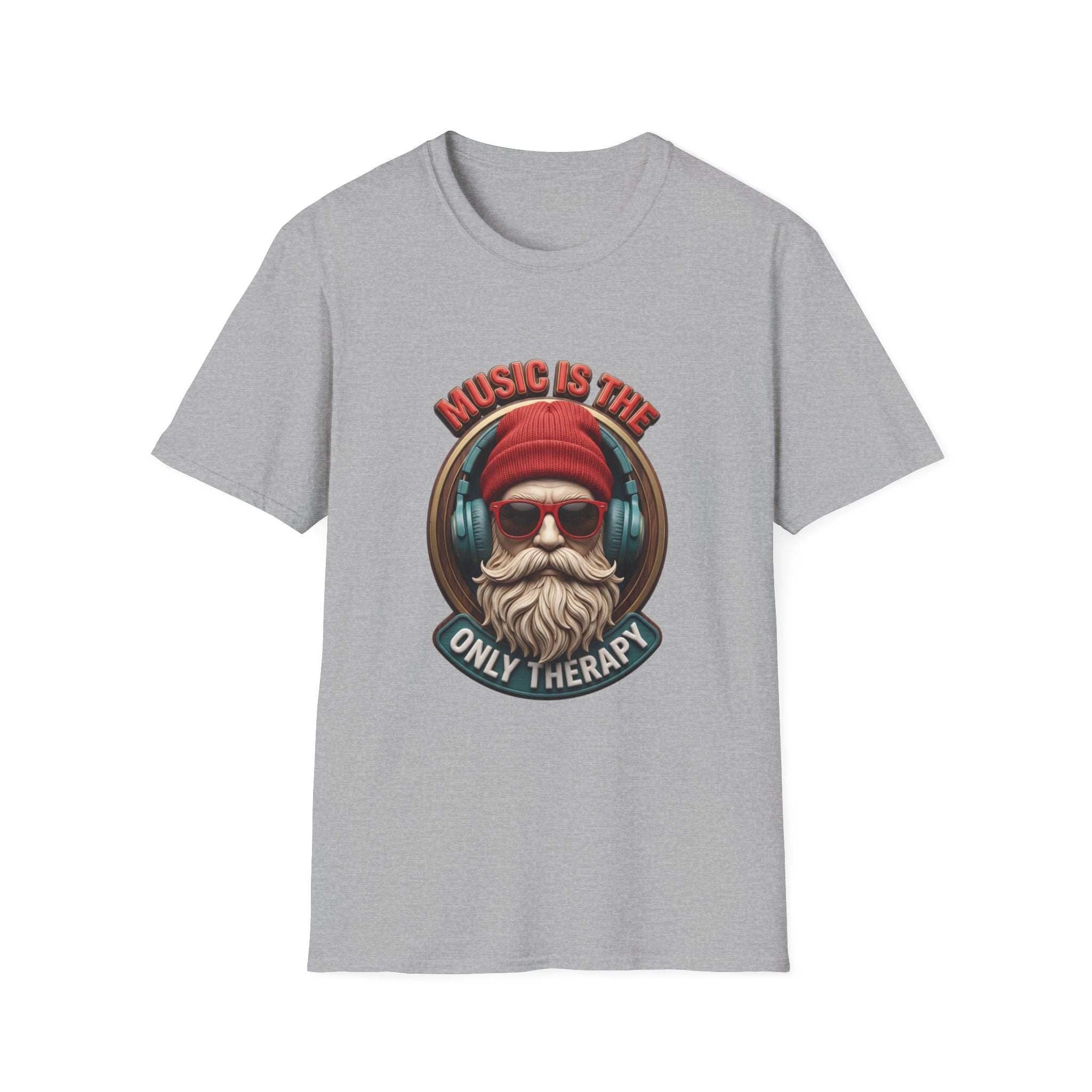 Music Is The Only Therapy Bearded Beanie print on the front of a Sport Grey t-shirt, laid flat on white