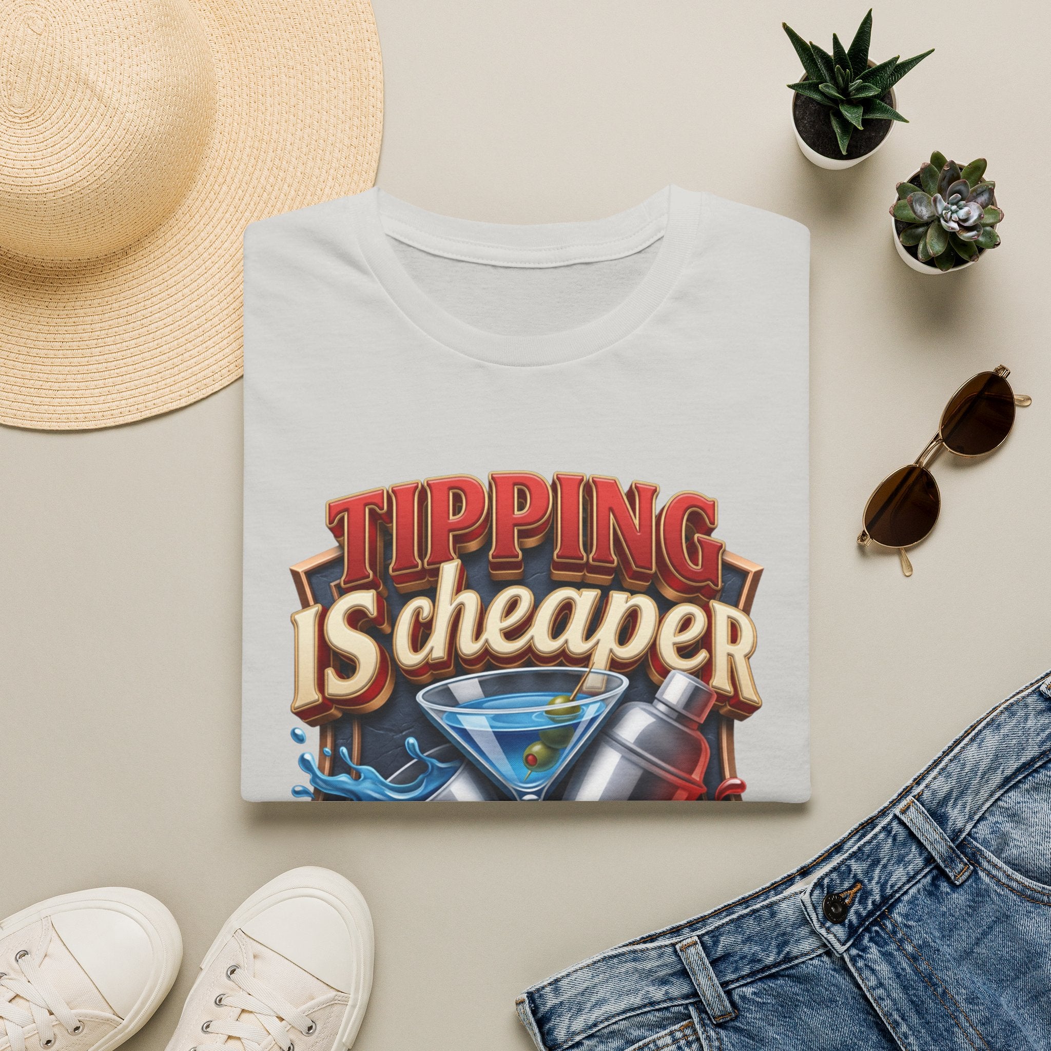 Tipping Is Cheaper Than Therapy Bartender print on an Ice Grey t-shirt, folded beside a straw hat and jeans