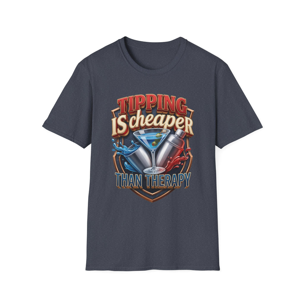 Tipping Is Cheaper Than Therapy Bartender print on the front of a Heather Navy t-shirt, laid flat on white