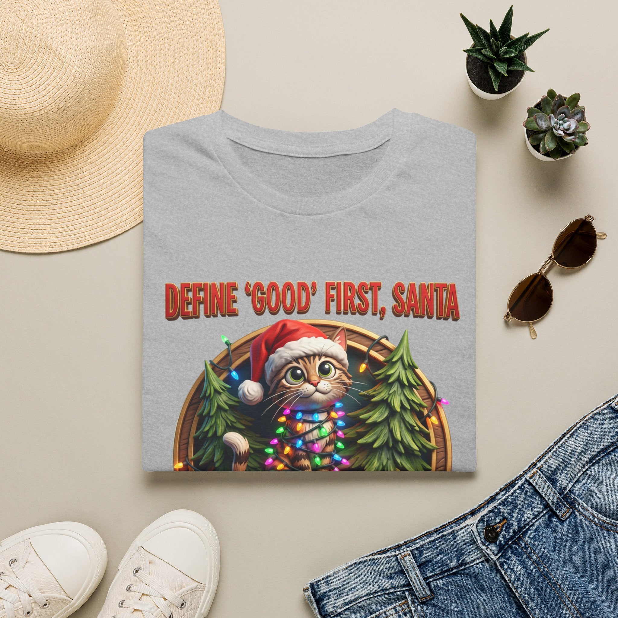 Define Good First Santa Funny Christmas Cat print on a Sport Grey t-shirt, folded beside a straw hat and jeans