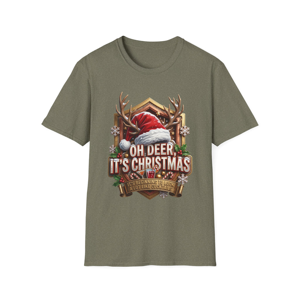 Oh Deer It's Christmas Looks a Lot Like Cocktails print on the front of a Heather Military Green t-shirt, laid flat on white