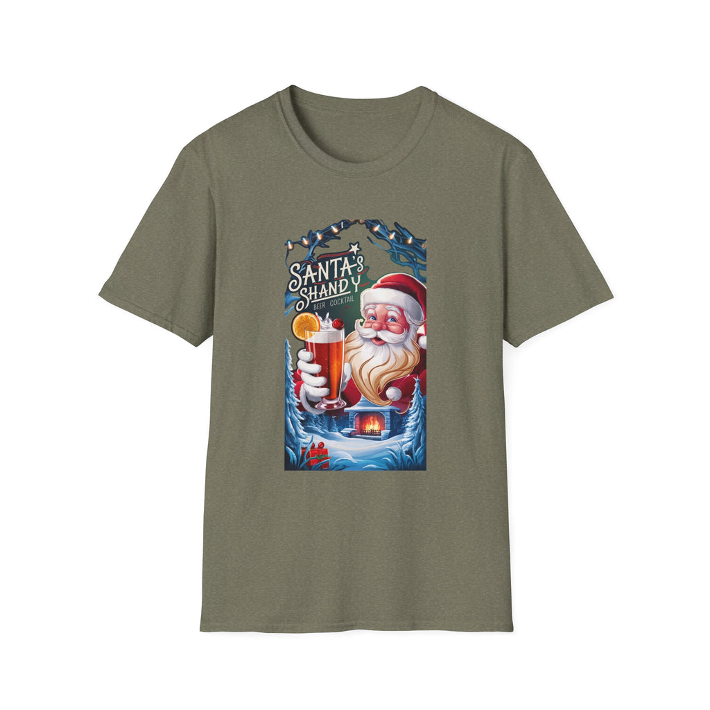 Santa's Shandy Beer Cocktail print on the front of a Heather Military Green t-shirt, laid flat on white