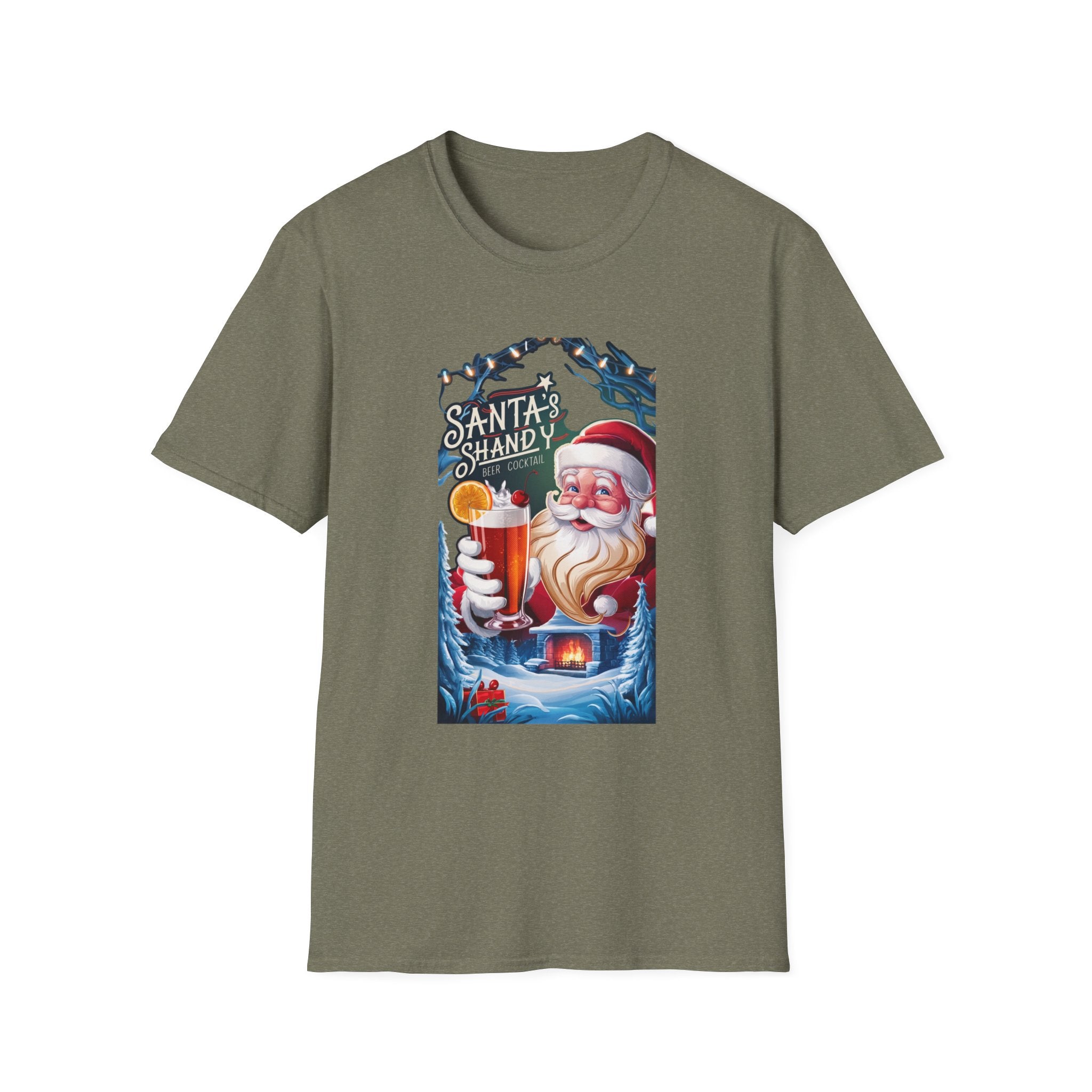 Santa's Shandy Beer Cocktail print on the front of a Heather Military Green t-shirt, laid flat on white