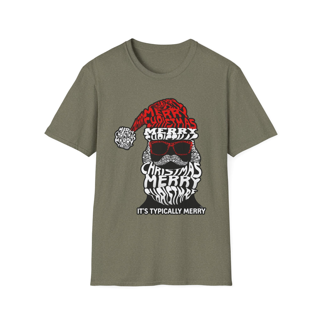 Cool Santa Sunglasses Typography Merry print on the front of a Heather Military Green t-shirt, laid flat on white