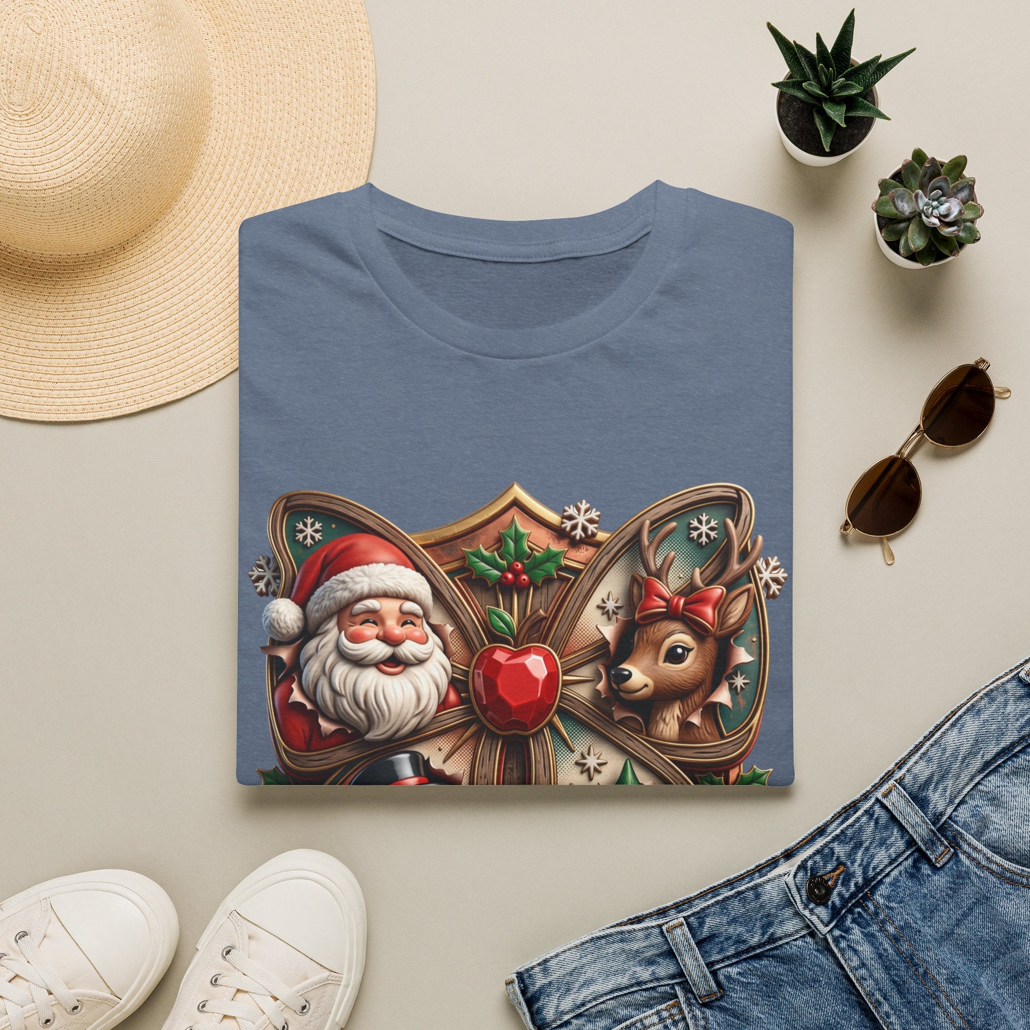 The Most Wonderful Time Wood Crest Santa print on a Heather Indigo t-shirt, folded beside a straw hat and jeans