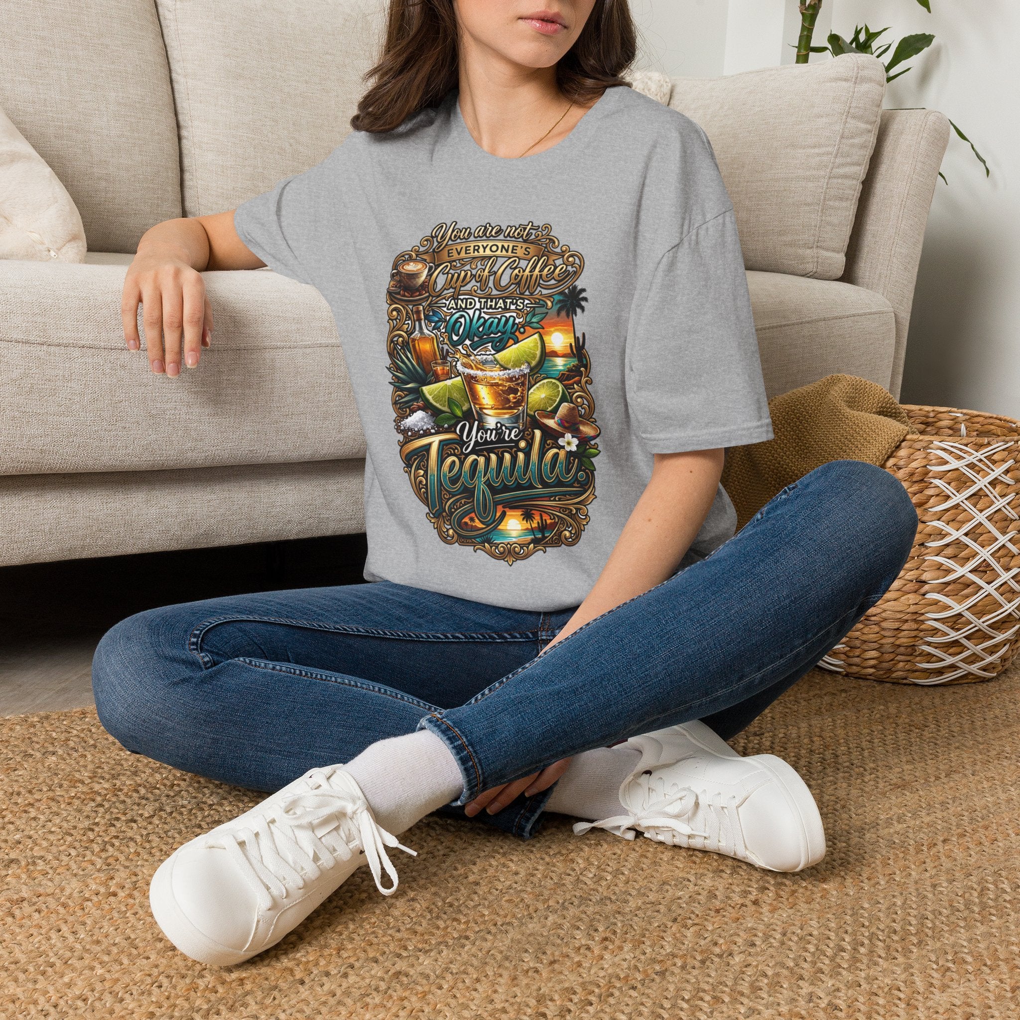 Not Everyone's Cup of Coffee You're Tequila t-shirt in Sport Grey, worn by a woman seated on a rug