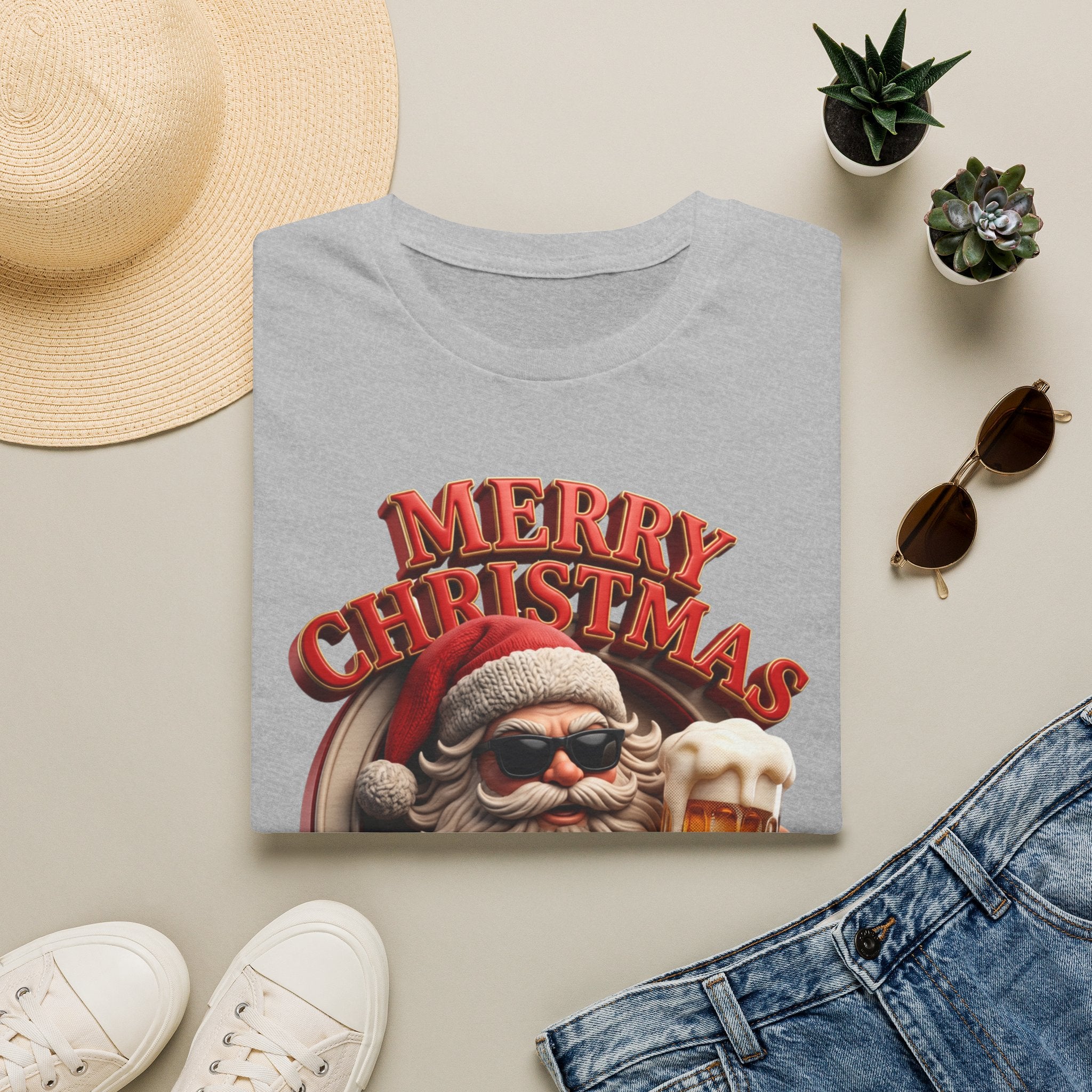 Merry Christmas I'm Drunk Santa print on a Sport Grey t-shirt, folded beside a straw hat and jeans