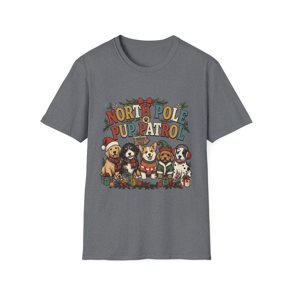 North Pole Pup Patrol Christmas Dogs print on the front of a Graphite Heather t-shirt, laid flat on white