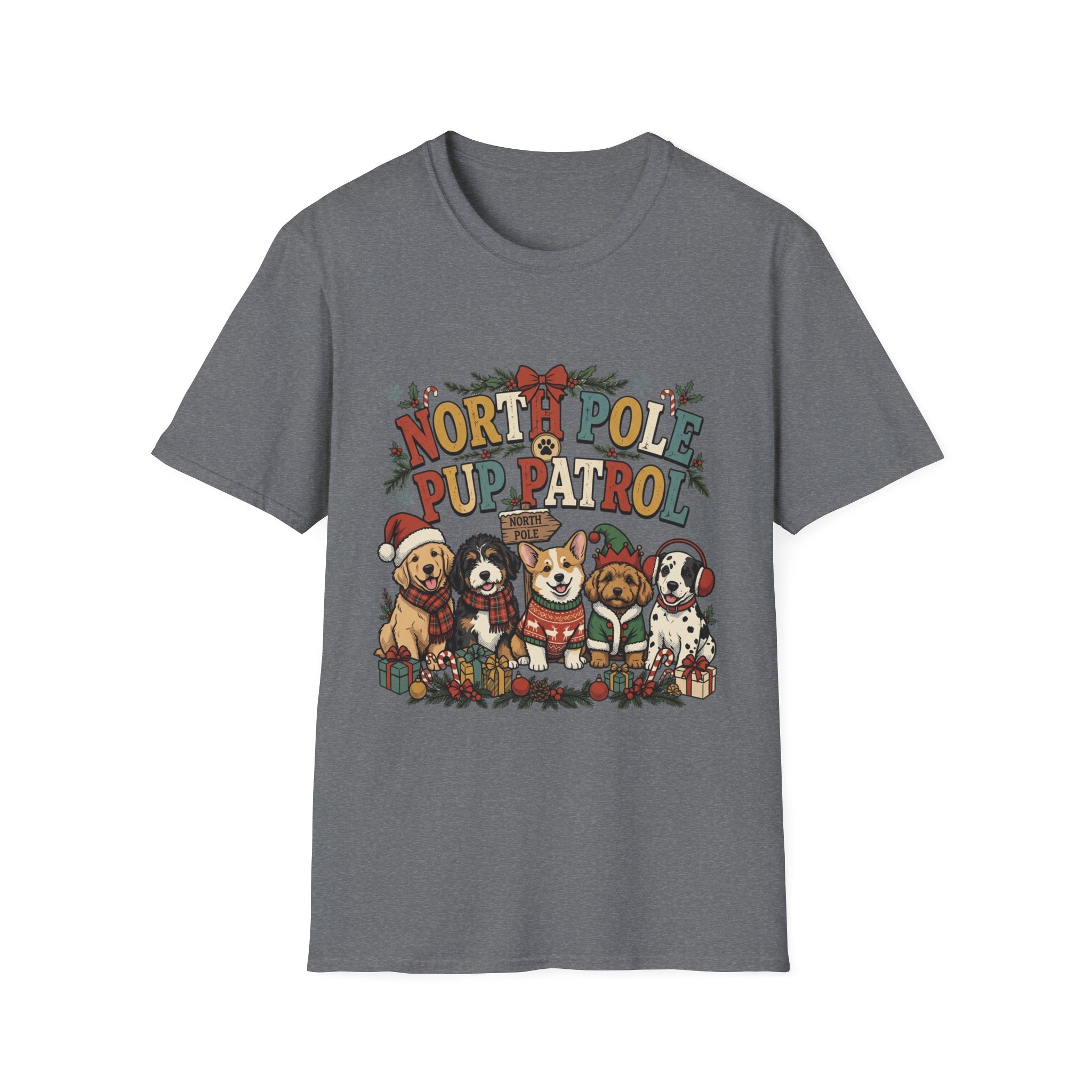 North Pole Pup Patrol Christmas Dogs print on the front of a Graphite Heather t-shirt, laid flat on white