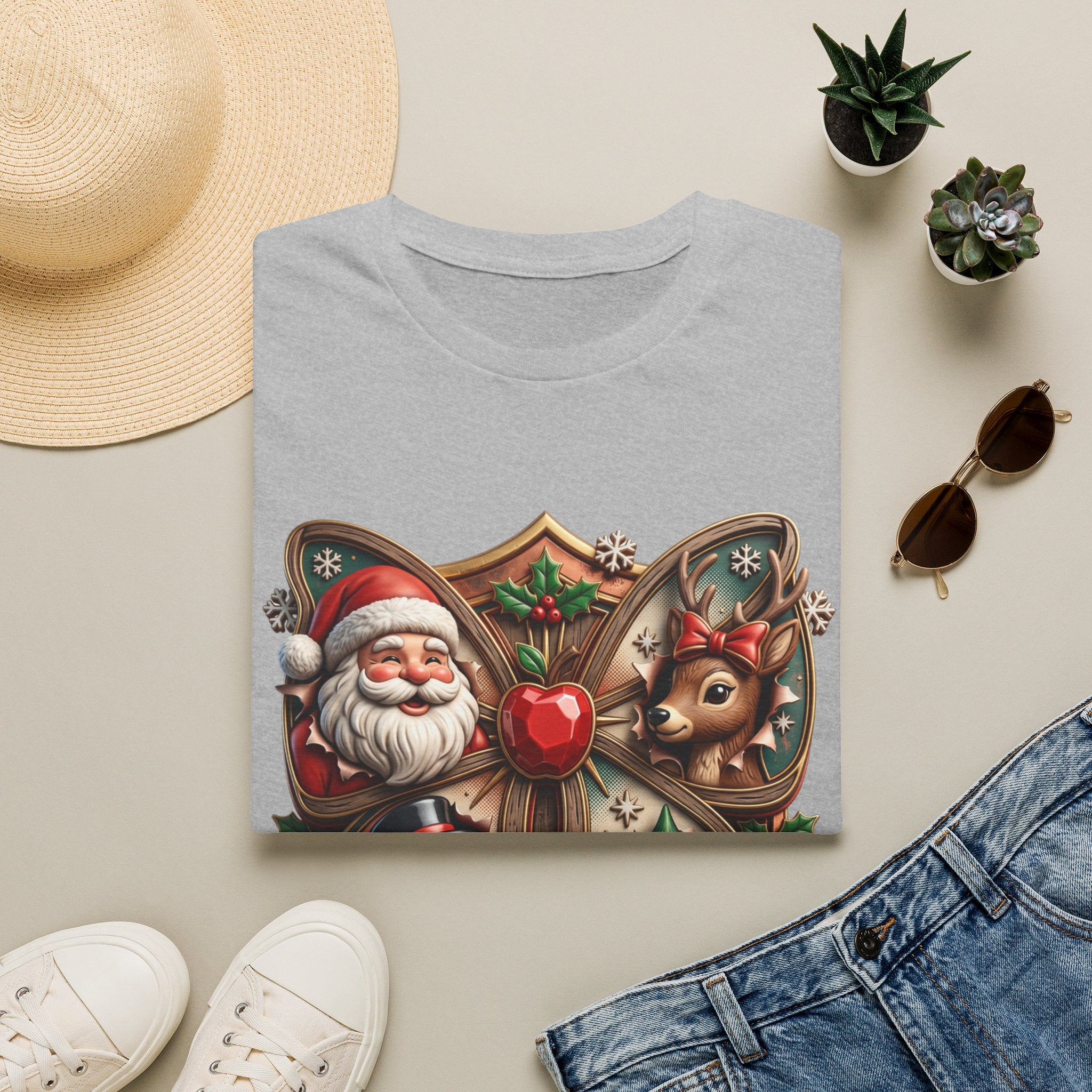 The Most Wonderful Time Wood Crest Santa print on a Sport Grey t-shirt, folded beside a straw hat and jeans