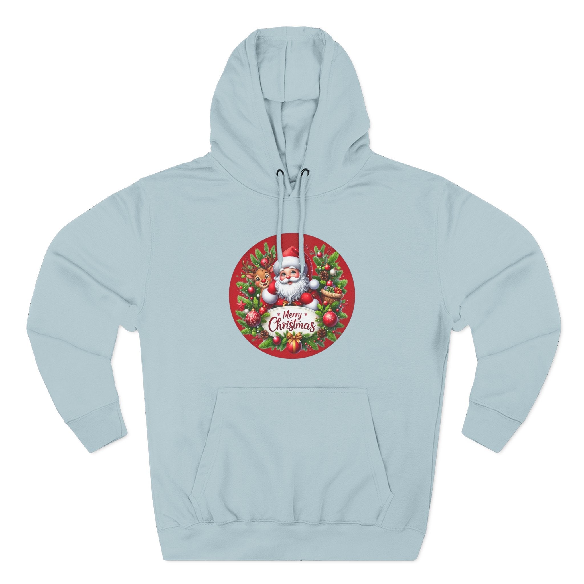 Santa & Reindeer Merry Christmas Wreath Hoodie, shown in Blue Mist