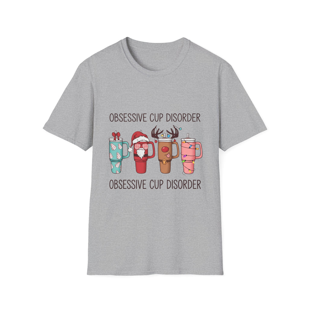 Obsessive Cup Disorder Funny Christmas Tumbler print on the front of a Sport Grey t-shirt, laid flat on white